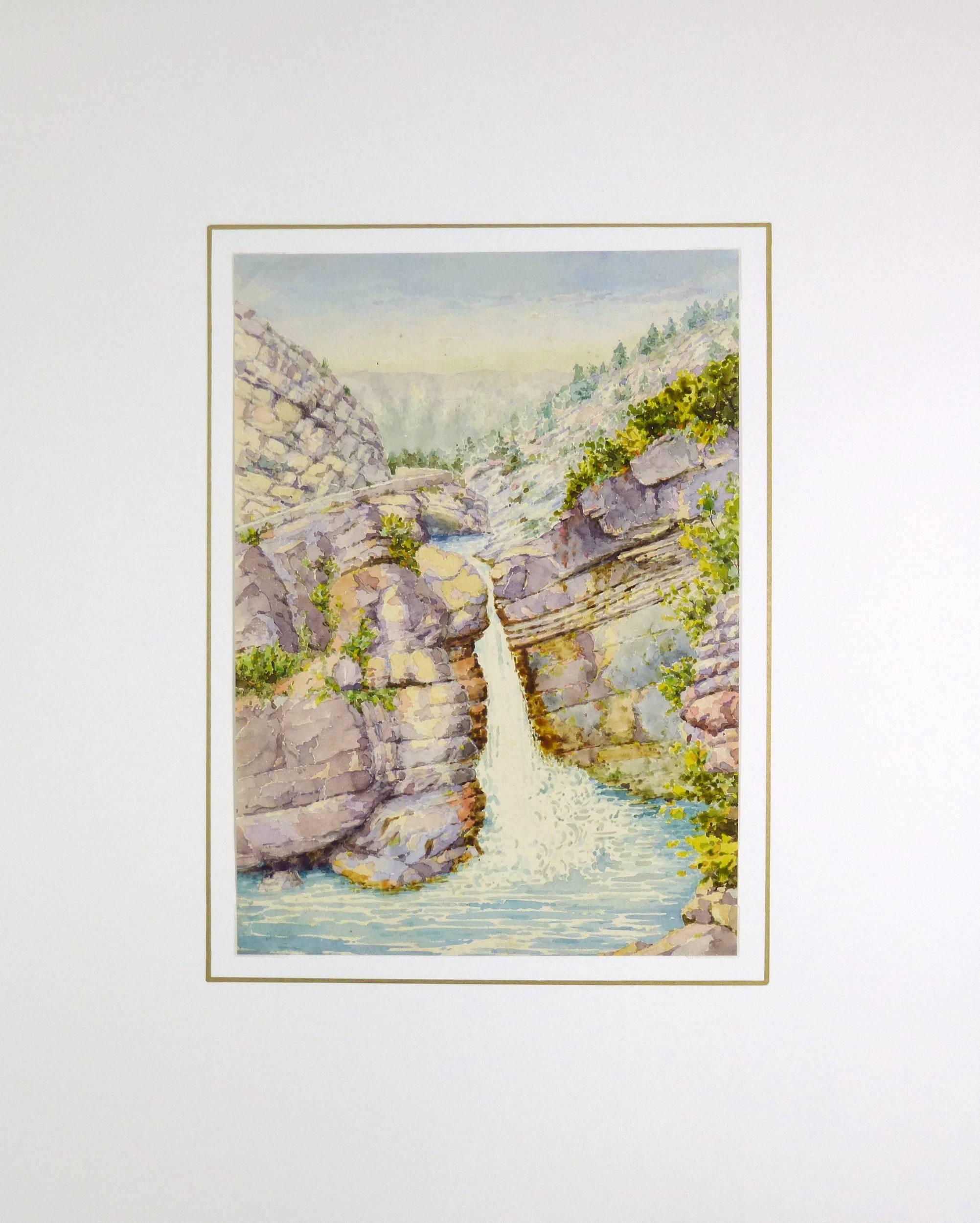 Aquarelle française d'une cascade, vers 1950 - Beige Landscape Art par Unknown