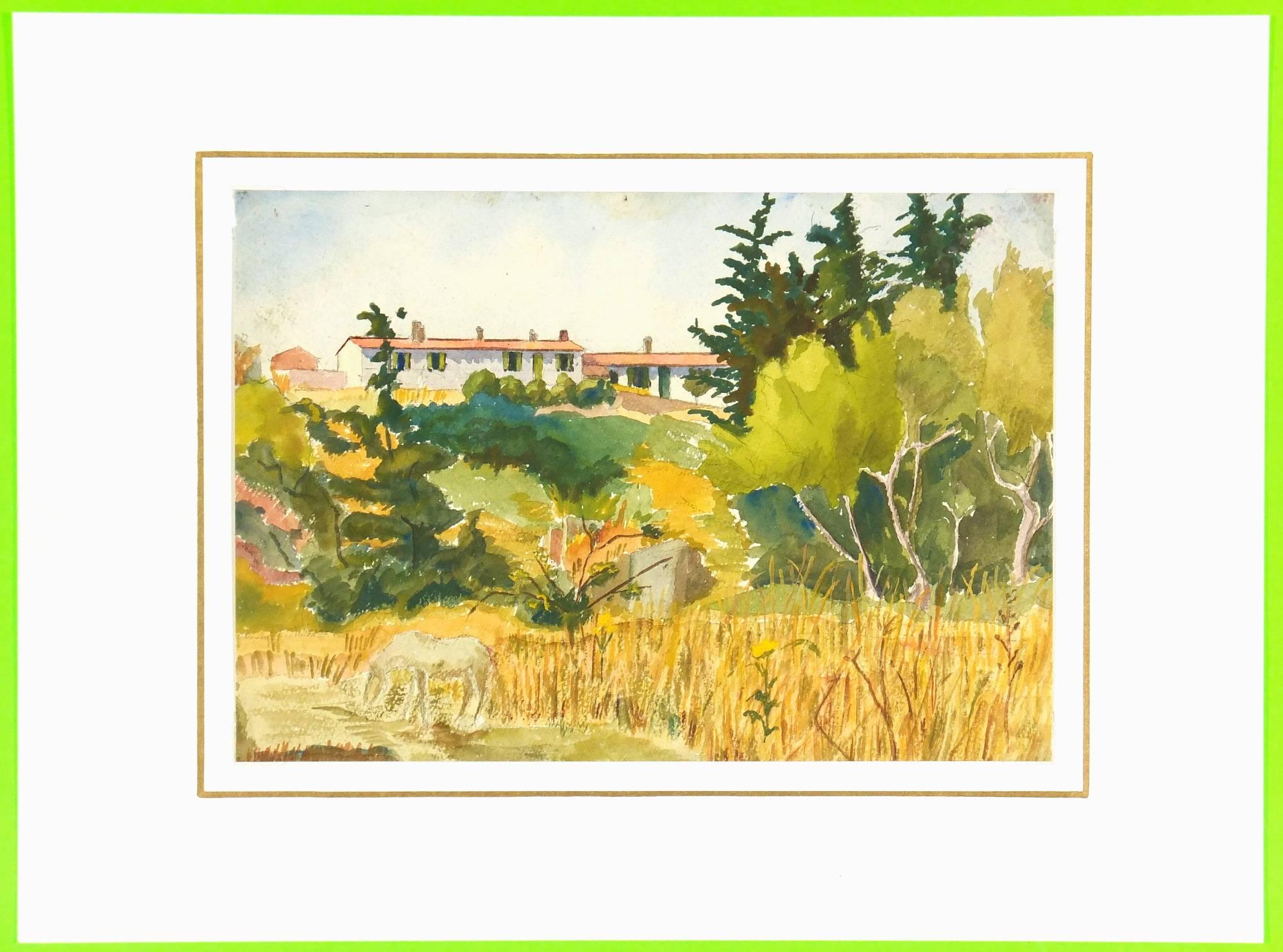 French watercolor landscape with terra cotta roof Provence home upon a hill, circa 1980.

Original artwork on paper displayed on a white mat with a gold border. Mat fits a standard-size frame.  Archival plastic sleeve and Certificate of Authenticity