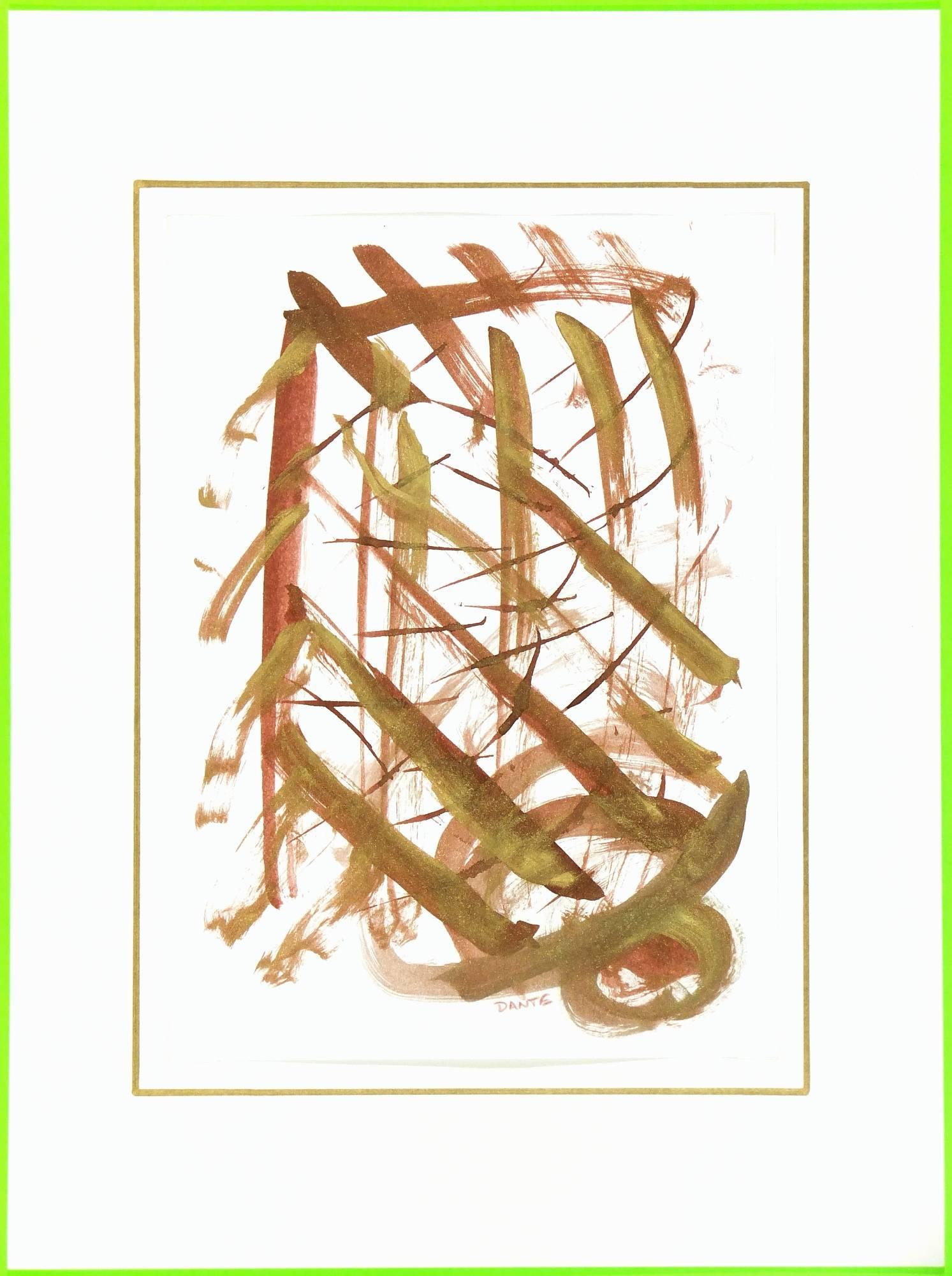 Acquerello astratto nei toni del rosso e dell'oro dell'artista francese Dante, circa 2010.

Opera d'arte originale su carta esposta su un tappetino bianco con bordo dorato. Il tappetino si adatta a una cornice di dimensioni standard.  Custodia in