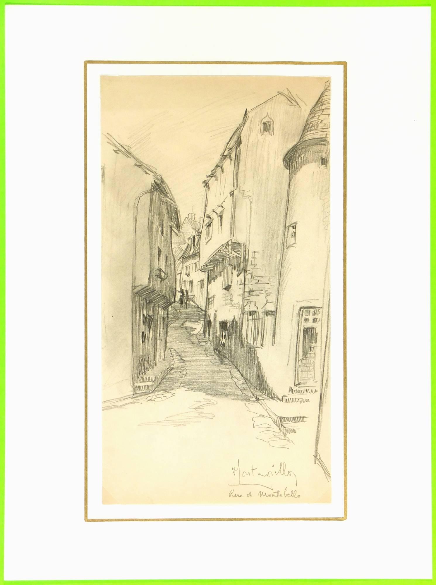 Pencil drawing of street scene in the old town of Montmorillon in Nouvelle-Aquitaine France, 1943.  Title lower right. Rue Montebello is the oldest streets of the historic center. 

Original artwork on paper displayed on a white mat with a gold