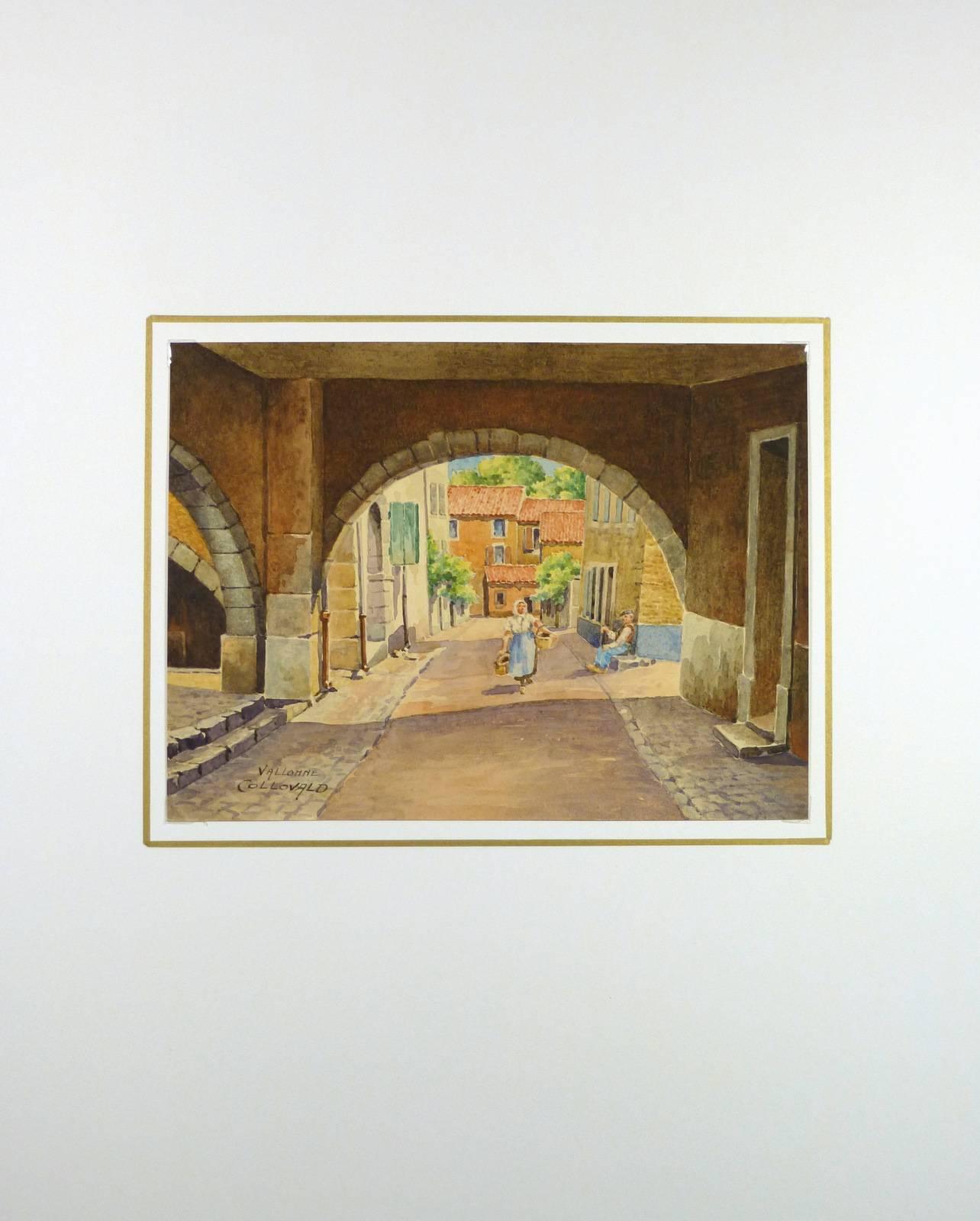 Charming watercolor painting of arch over city street by French artist Genin, circa 1930. Signed lower left.  

Original artwork on paper displayed on a white mat with a gold border. Mat fits a standard-size frame.  Archival plastic sleeve and