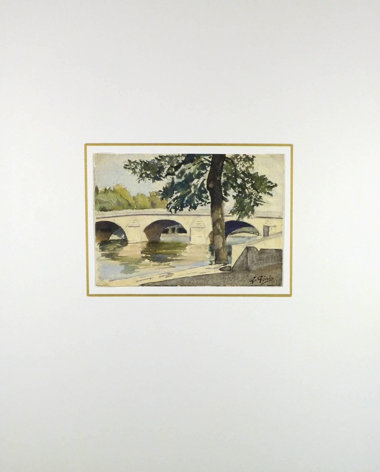 Acuarela francesa del Puente Real, París, 1921 - Landscape Art Beige de Unknown