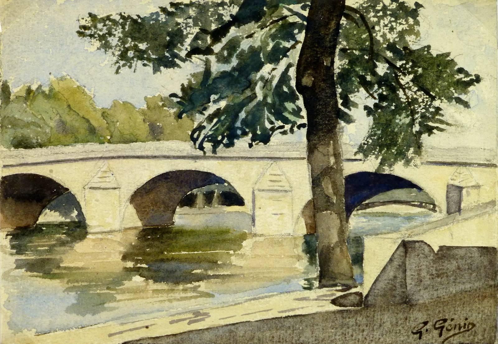 Unknown Landscape Art - French Watercolor of Pont Royal, Paris, 1921