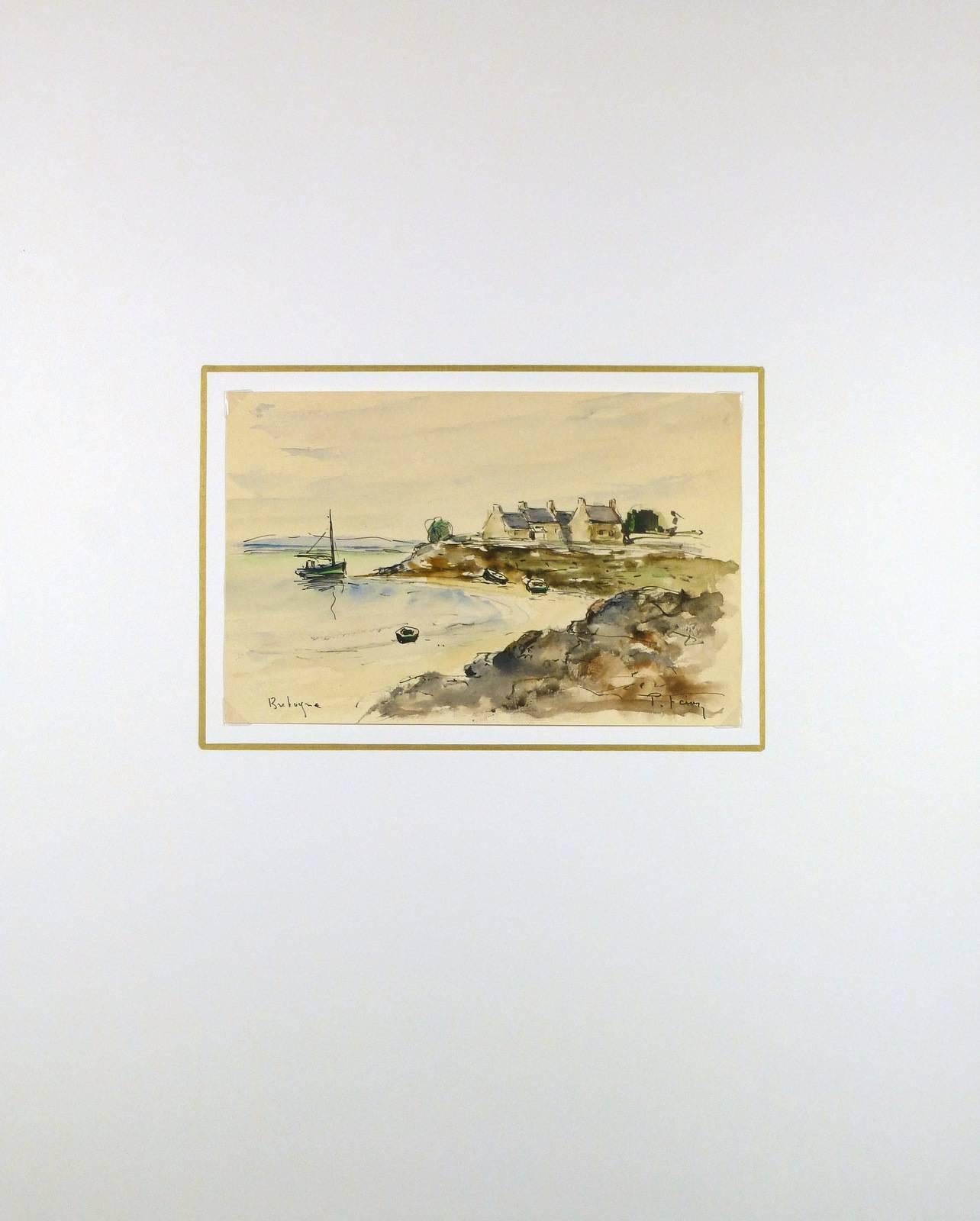 French watercolor with impressionistic brushstrokes and earthen tones, depicting a fishing village in Brittany, 1980. Title lower left and signed lower right.

Original artwork on paper displayed on a white mat with a gold border. Mat fits a