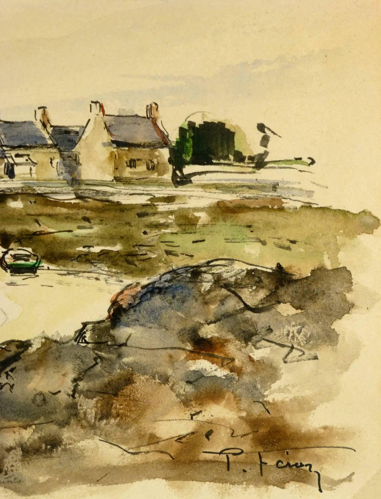 French Watercolor - Brittany - Beige Landscape Art by Unknown