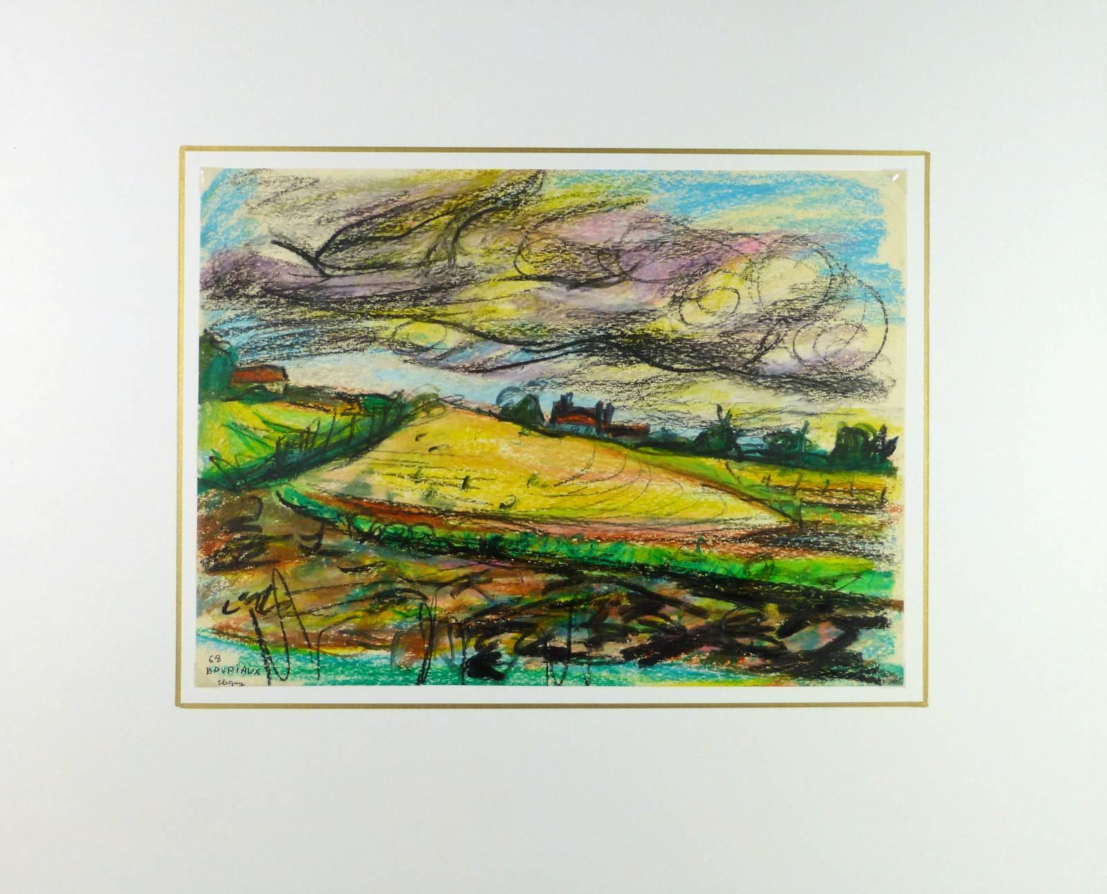 Abstrakte Landschaft im Landhausstil (Braun), Landscape Painting, von Odette Bruriaux