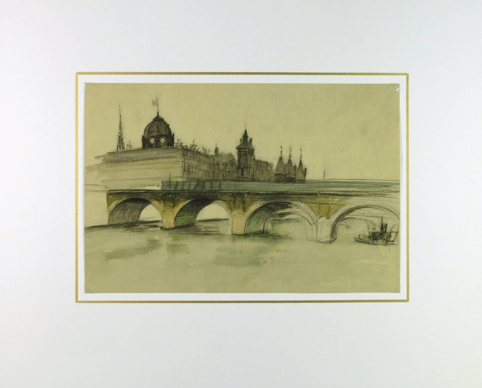Französisches Gemälde der Pont Nôtre-Dame, Paris, um 1915 (Braun), Landscape Art, von Unknown