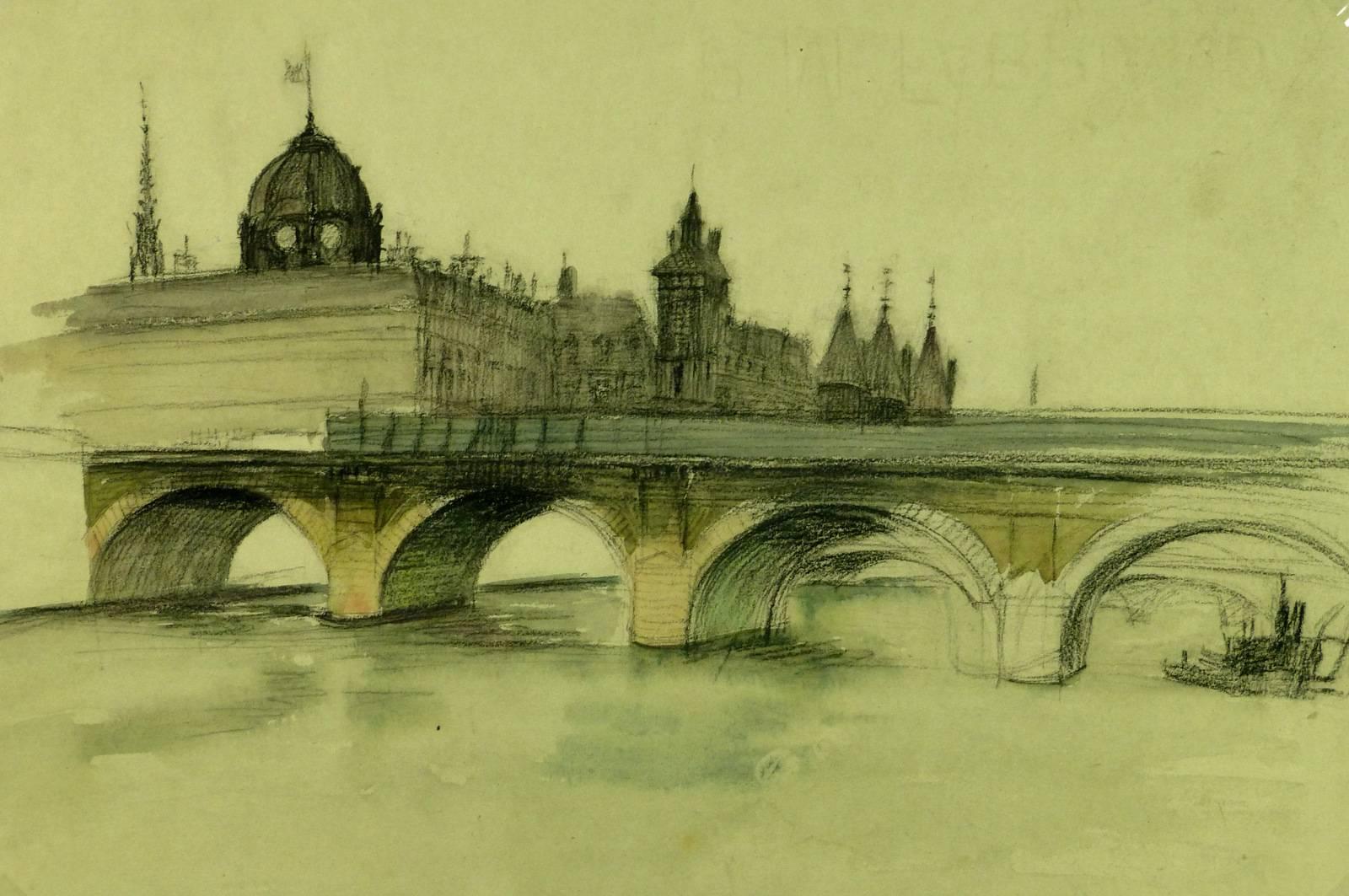 Unknown Landscape Art – Französisches Gemälde der Pont Nôtre-Dame, Paris, um 1915