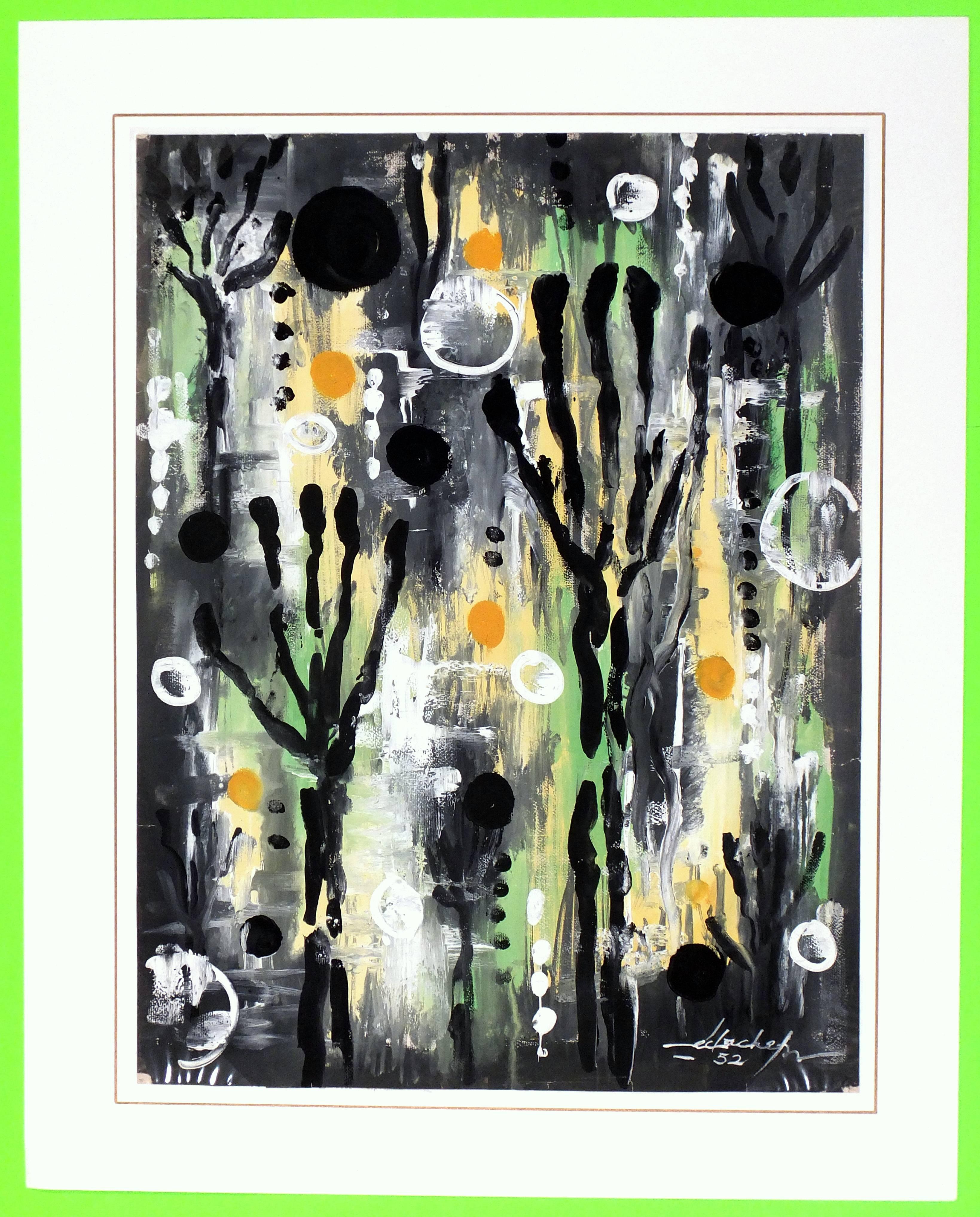 Vibrante dipinto astratto in acrilico con toni primari di giallo, verde lime e nero con accenti bianchi, 1952. Firmato e datato in basso a destra.  

Opera d'arte originale su carta esposta su un tappetino bianco con bordo dorato. Il tappetino si