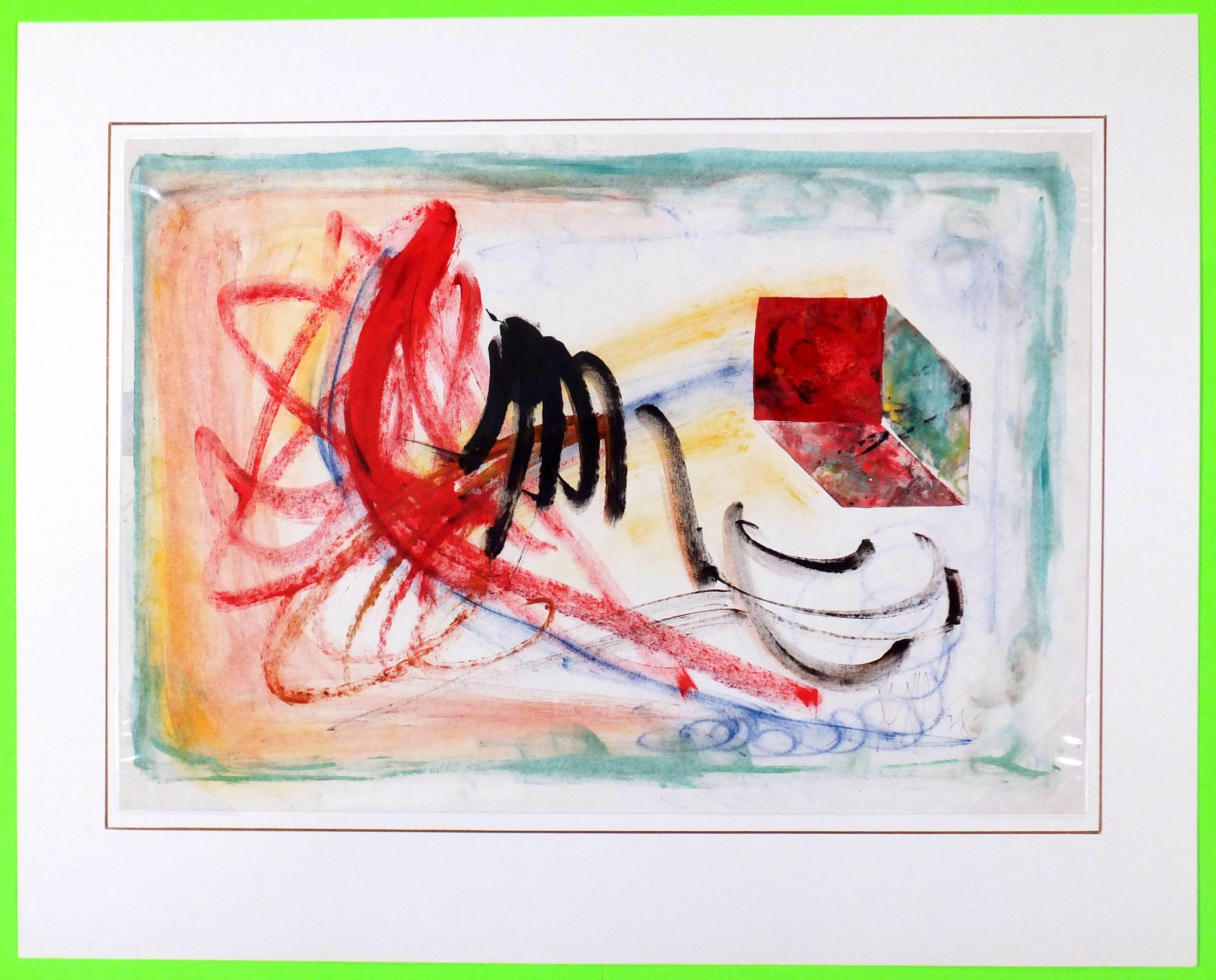 Lebhaftes abstraktes Gemälde mit Primärfarben in Gelb, Rot und Grün mit blauen und schwarzen Akzenten auf weißem Hintergrund, 1952. Signiert unten rechts.  

Originalkunstwerk auf Papier auf einem weißen Passepartout mit Goldrand. Die Matte passt in