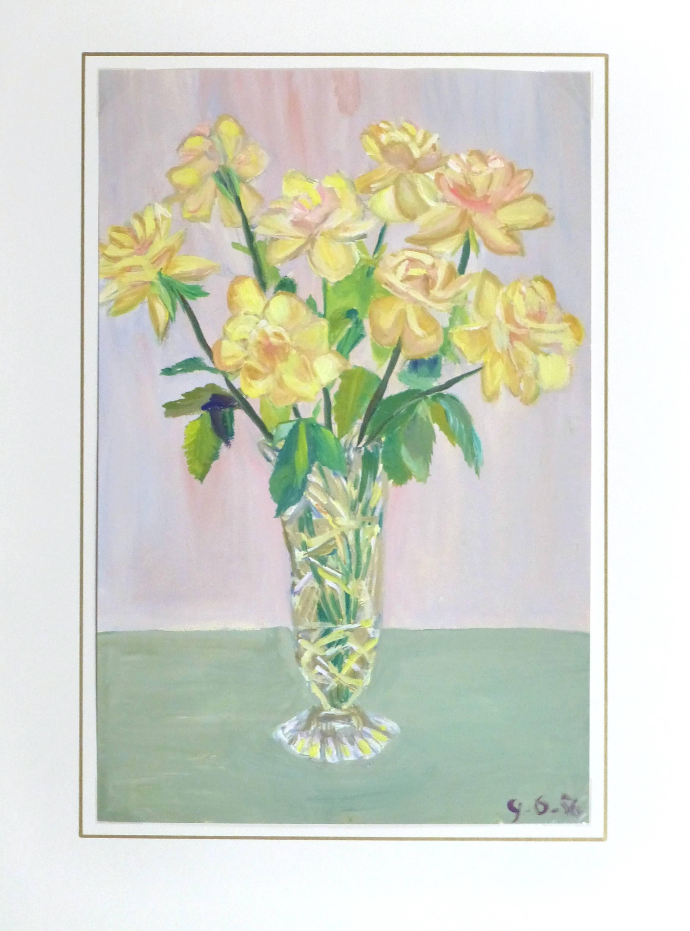 French painting depicting a softly-colored bouquet of yellow roses by artist Louisette Poirier, 1956. Dated lower right.

Original artwork on paper displayed on a white mat with a gold border. Mat fits a standard-size frame.  Archival plastic sleeve