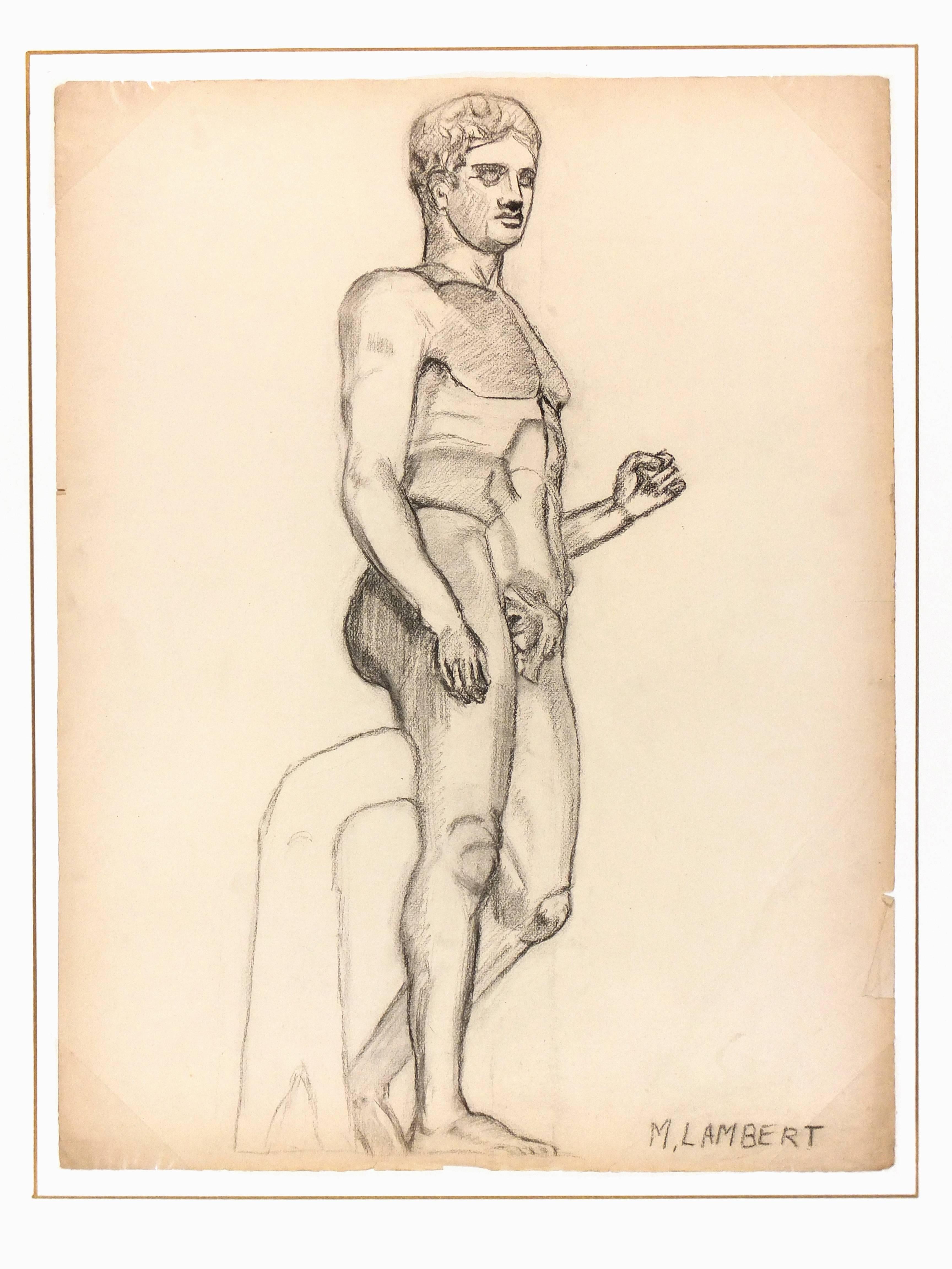 Dessin au crayon français d'une statue masculine nue avec coulée de bronze à la jambe par l'artiste M. Lambert, vers 1930. Signé en bas à droite. 

Œuvre d'art originale sur papier présentée sur un tapis blanc avec une bordure dorée. Le tapis