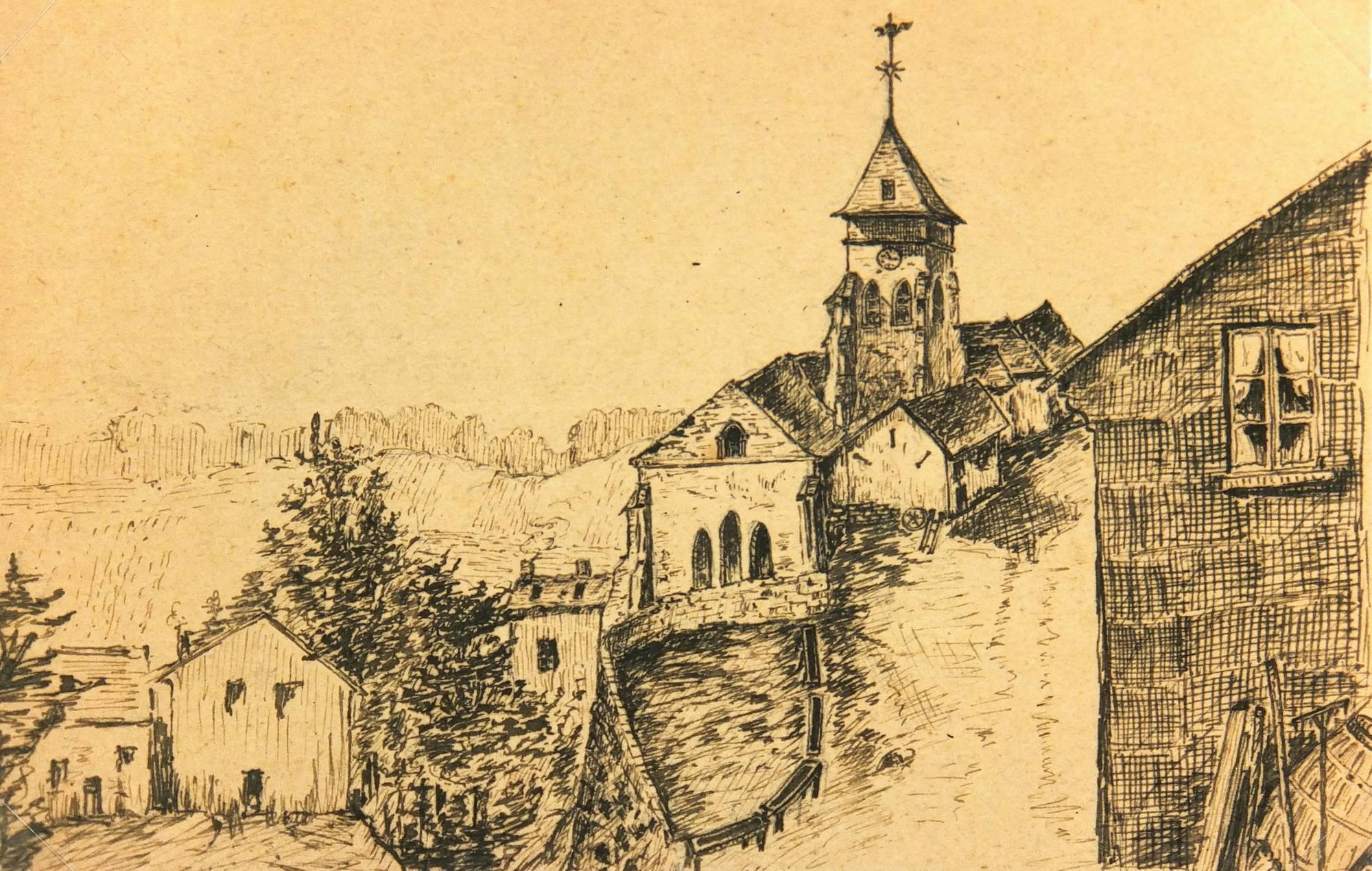 Unknown Landscape Art - Ink Drawing of Village, C. 1910