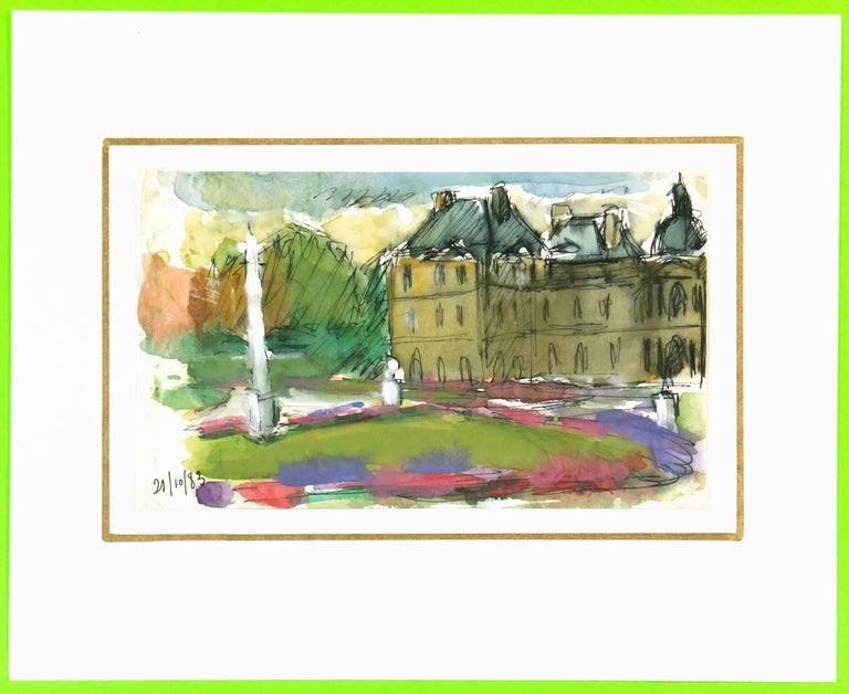 French Watercolor Landscape - Domaine - Brown Landscape Art by Unknown