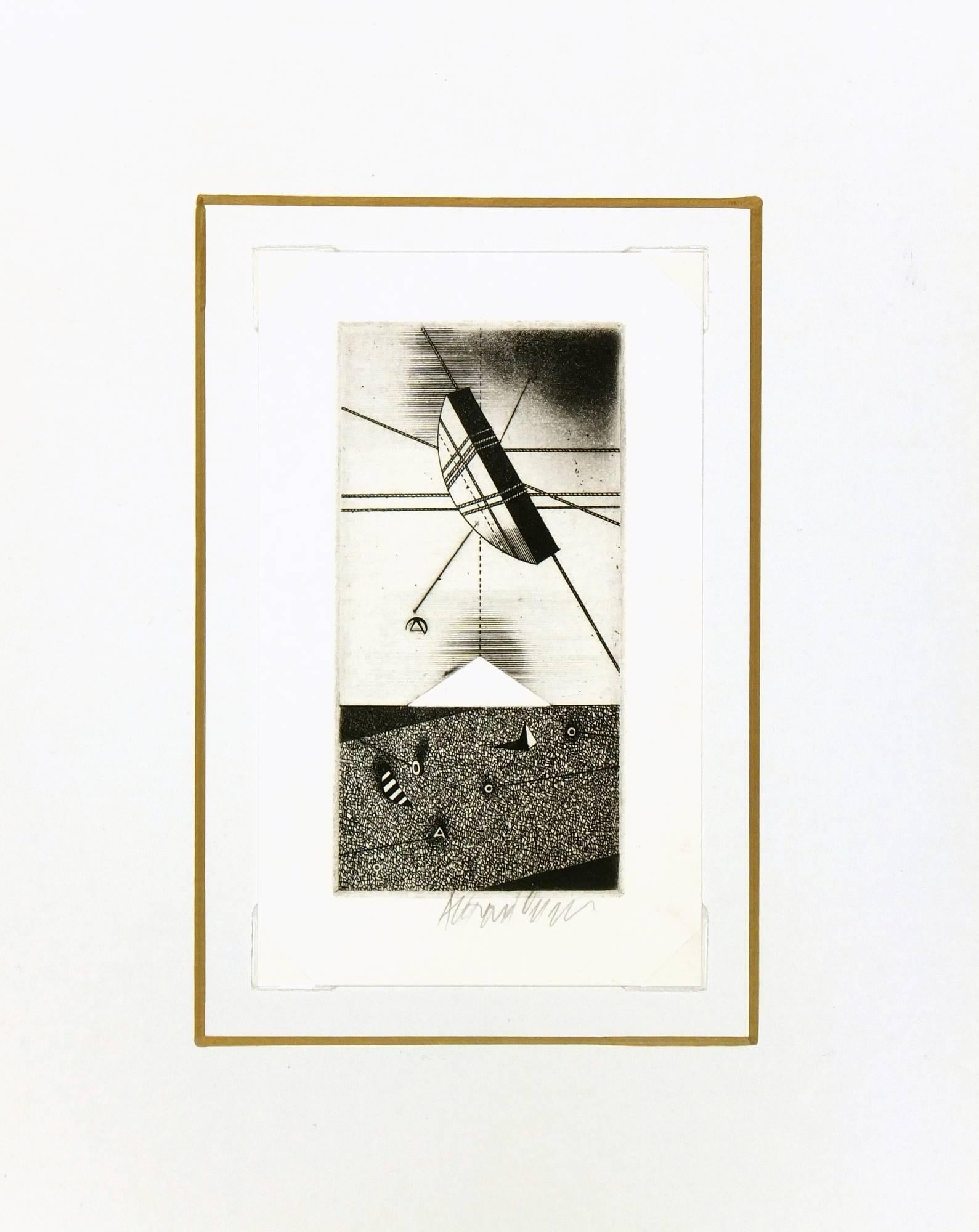 Abstract modern aquatint etching in black and white, circa 1960.  Signed lower right.     

Original artwork on paper displayed on a white mat with a gold border. Mat fits a standard-size frame.  Archival plastic sleeve and Certificate of
