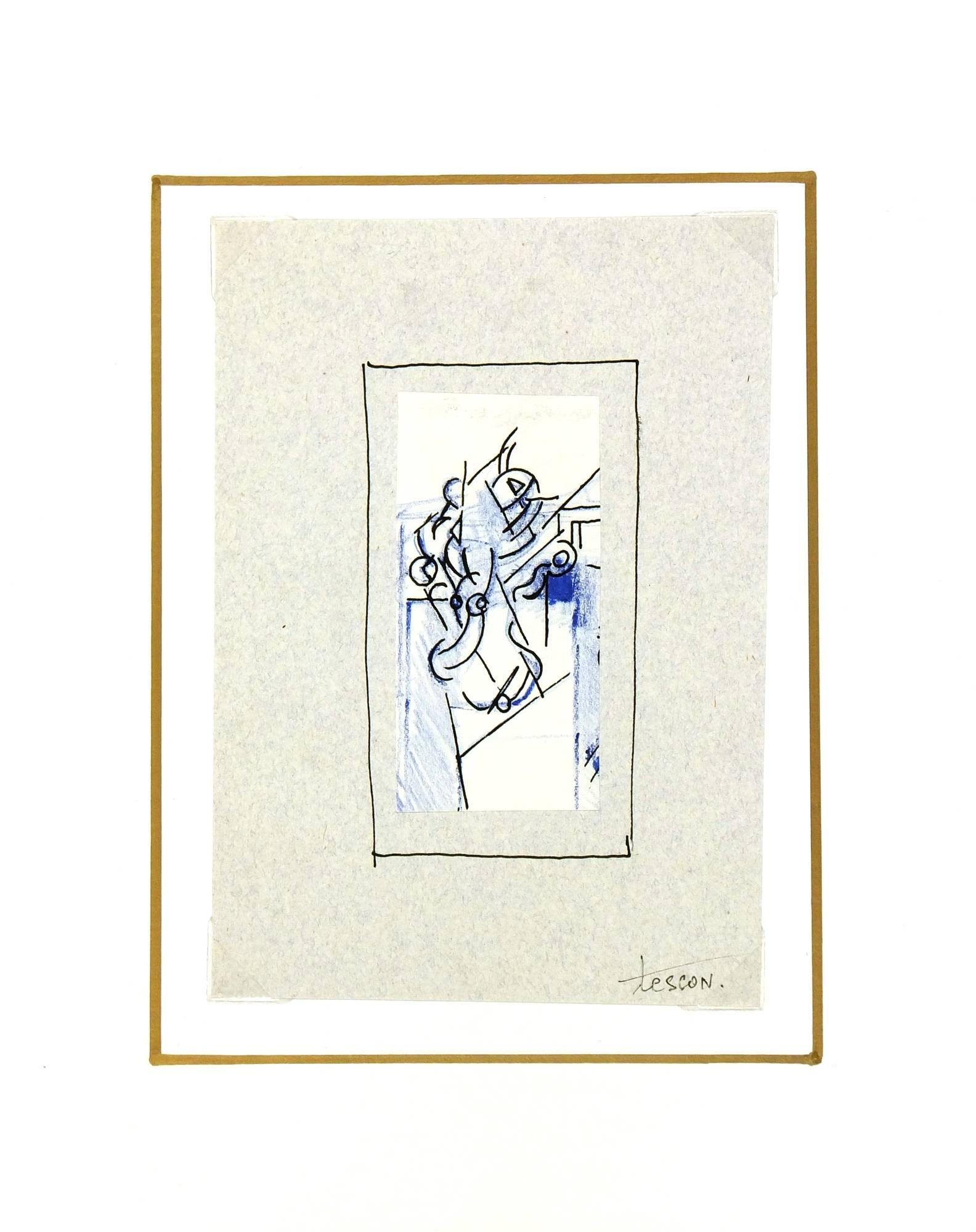 Abstract modern in ink with blue highlights by French artist Tesson, circa 1970.  Signed lower right.     

Original artwork on paper displayed on a white mat with a gold border. Mat fits a standard-size frame.  Archival plastic sleeve and