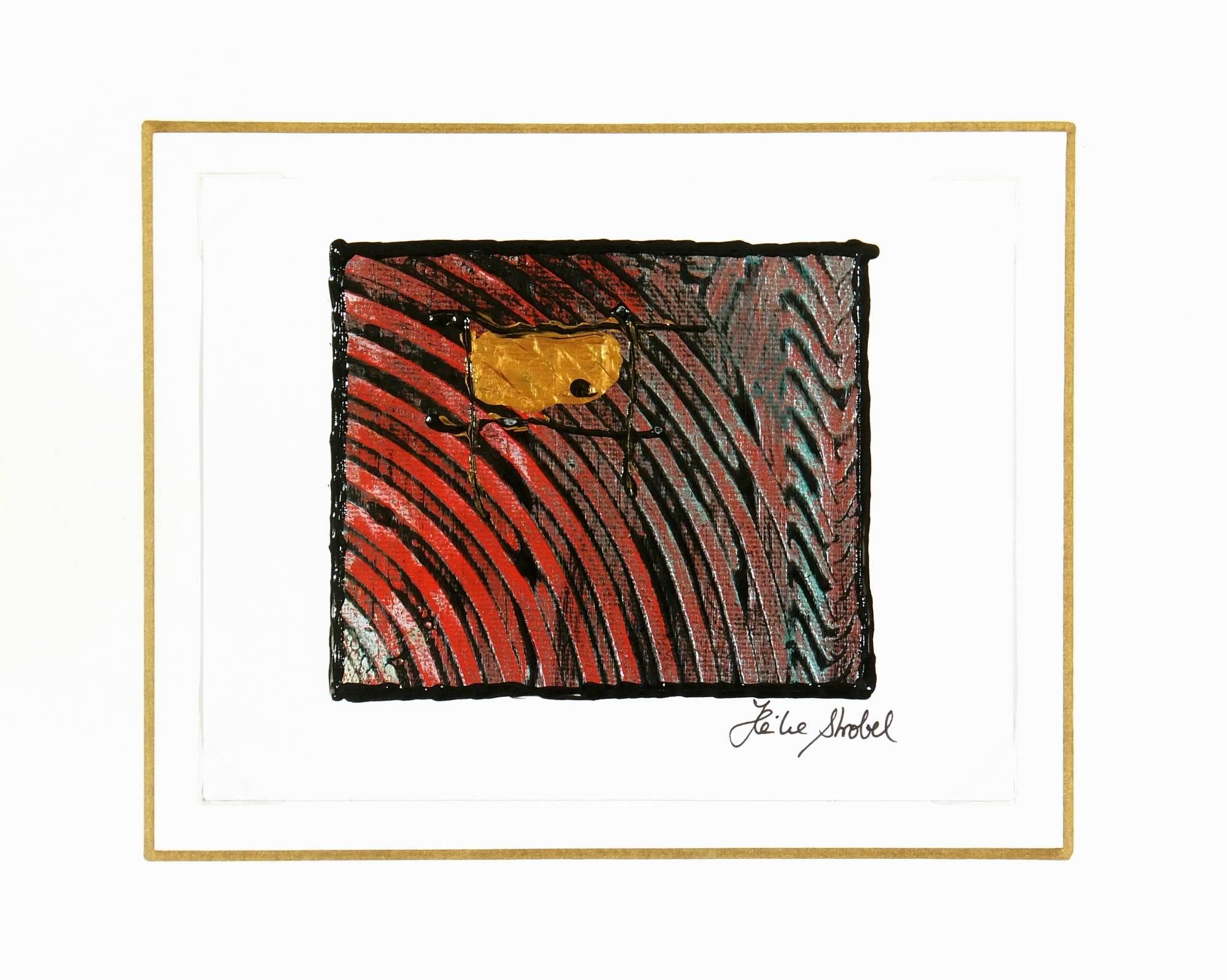 Fluid circular abstract in red and black with pop of yellow, circa 2000.  Signed lower right. 

Original artwork on paper displayed on a white mat with a gold border. Mat fits a standard-size frame.  Archival plastic sleeve and Certificate of