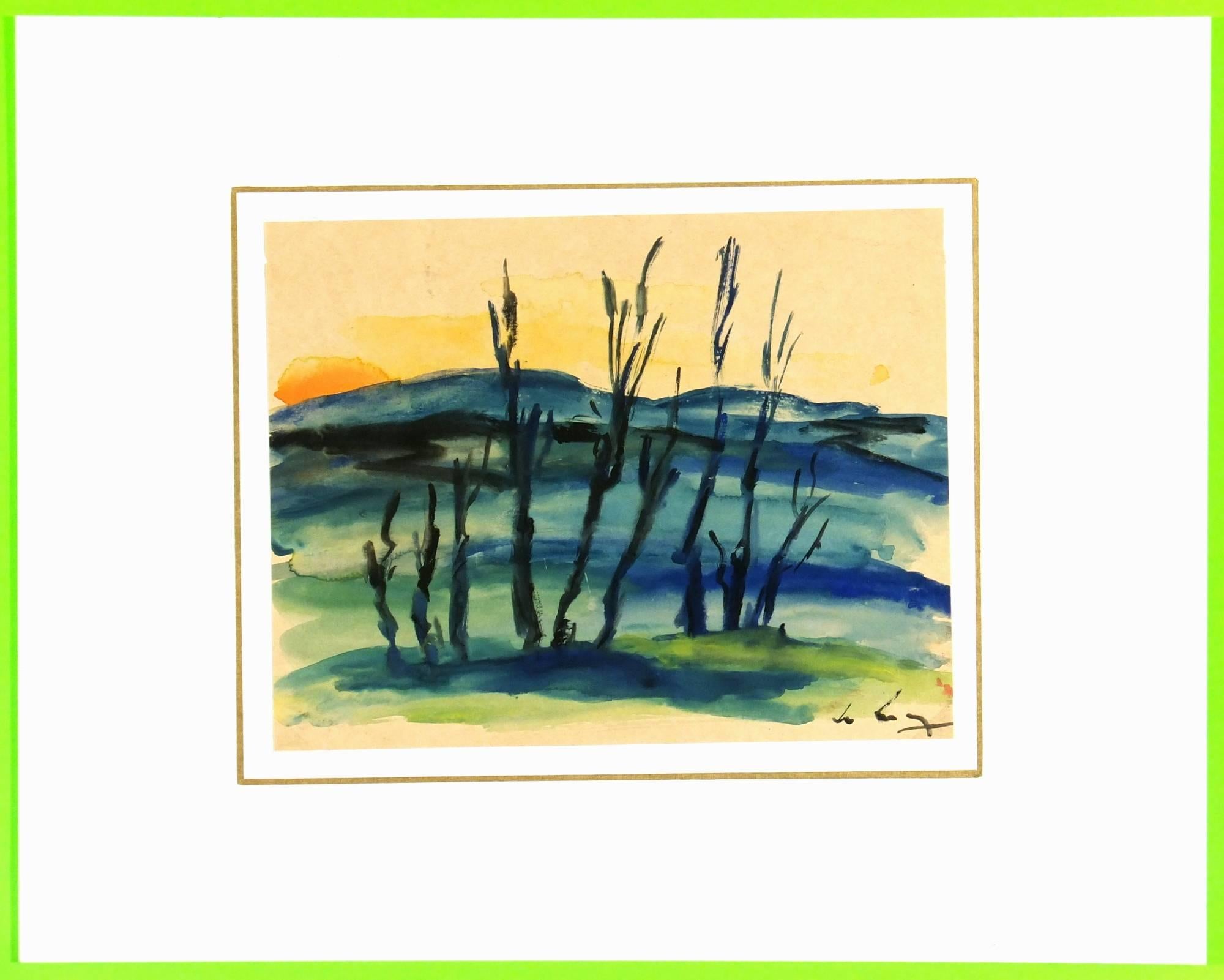 Hues of gold, blue, and green blend together in this arching landscape of trees against a setting sun, circa 1980. Signed lower right.

Original artwork on paper displayed on a white mat with a gold border. Mat fits a standard-size frame.  Archival