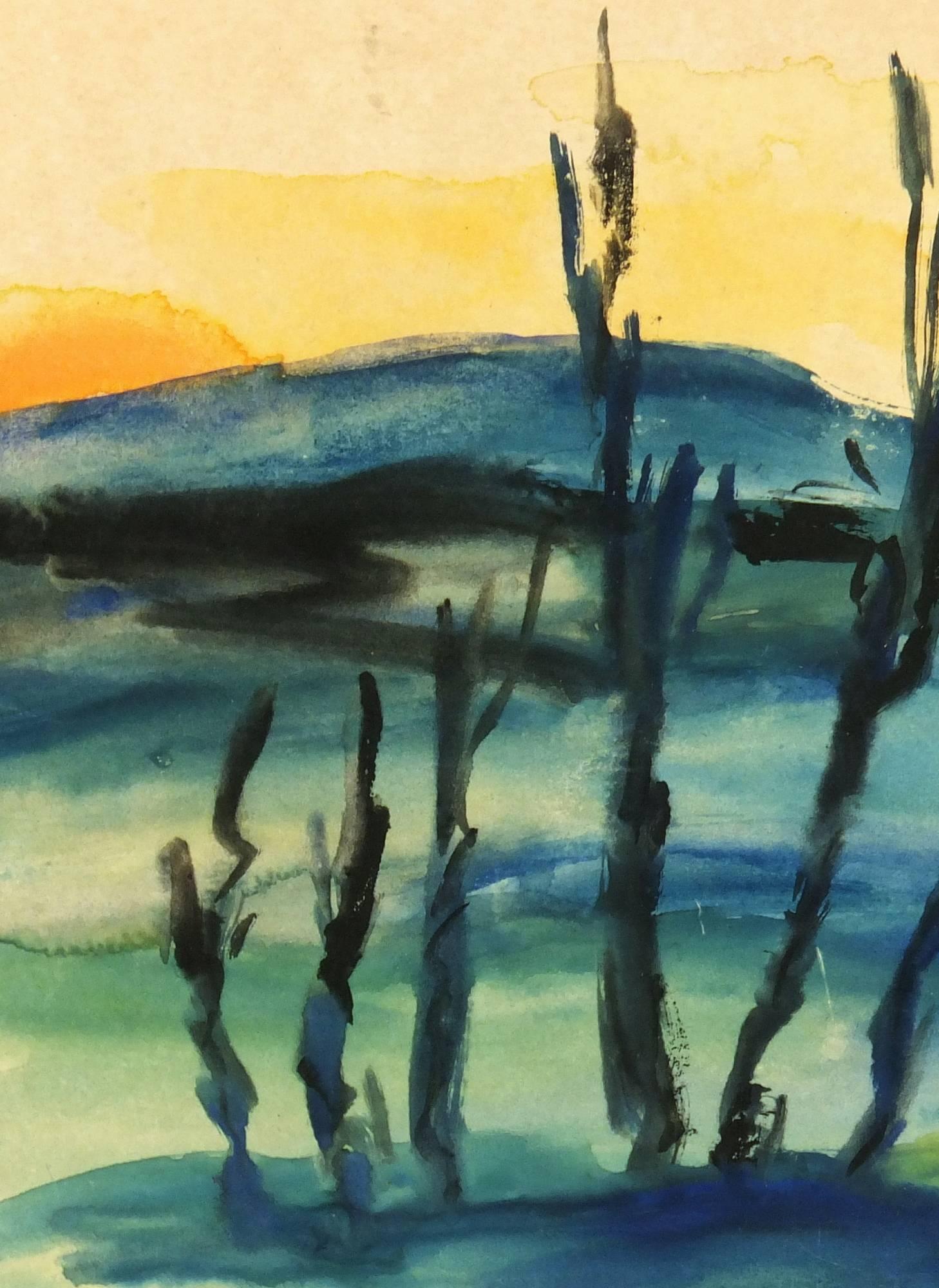 Watercolor Landscape - Setting Sun - Beige Landscape Art by Unknown