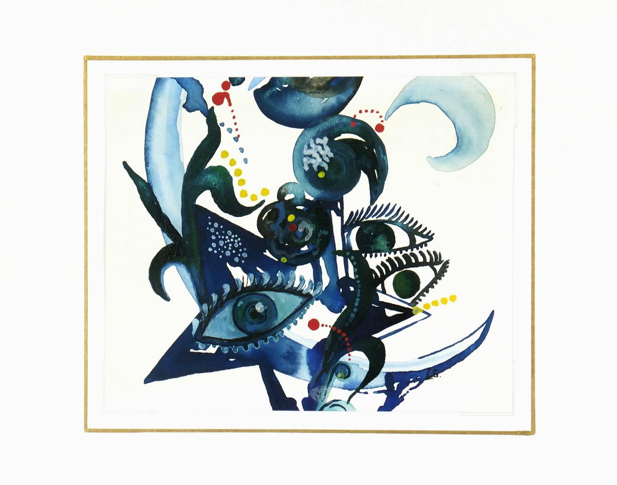 Modern watercolor painting including detailed eyes in blue, 2011.    

Original artwork on paper displayed on a white mat with a gold border. Mat fits a standard-size frame.  Archival plastic sleeve and Certificate of Authenticity included. Artwork,