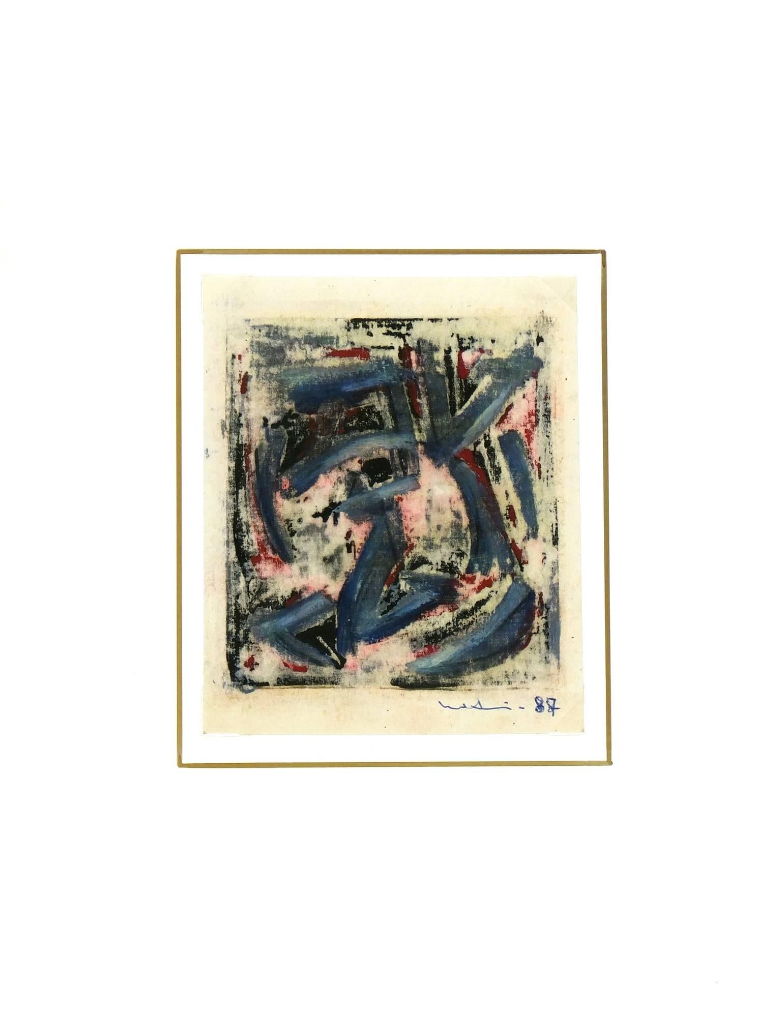 Abstract monotype in blue, black and red, 1987.  Signed and dated lower right. 

Original artwork on paper displayed on a white mat with a gold border. Mat fits a standard-size frame.  Archival plastic sleeve and Certificate of Authenticity