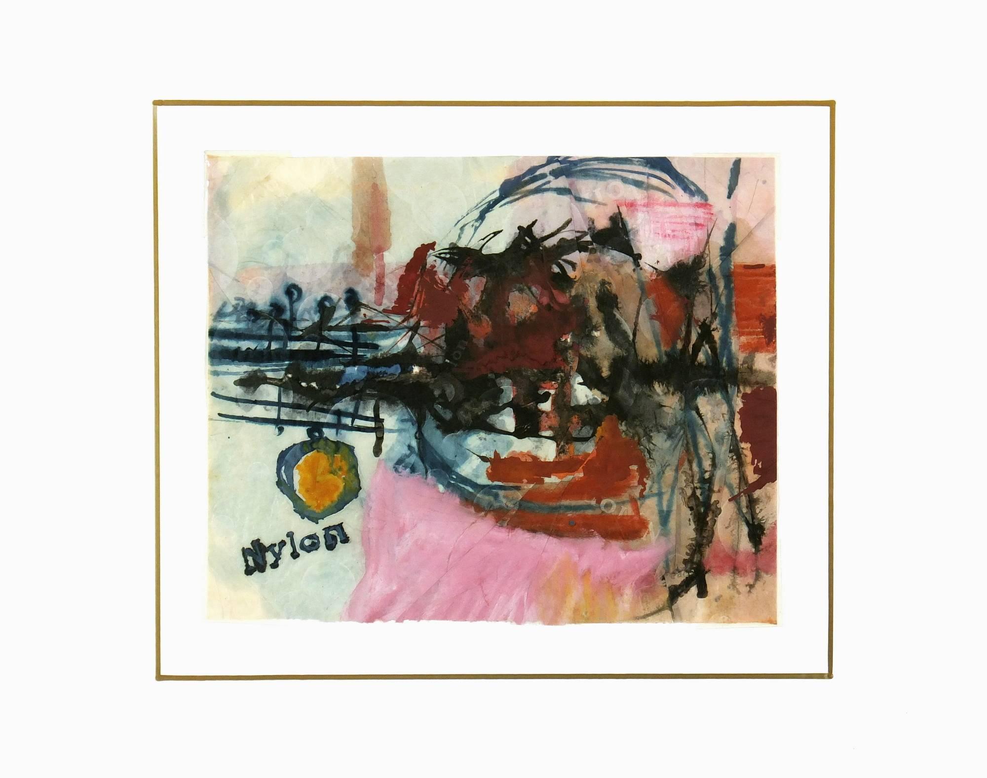 Lebendiges abstraktes Gemälde, signiert Nylon unten links, um 1970.    

Originalkunstwerk auf Papier auf einem weißen Passepartout mit Goldrand. Die Matte passt in einen Rahmen in Standardgröße.  Inklusive Plastikhülle und Echtheitszertifikat für