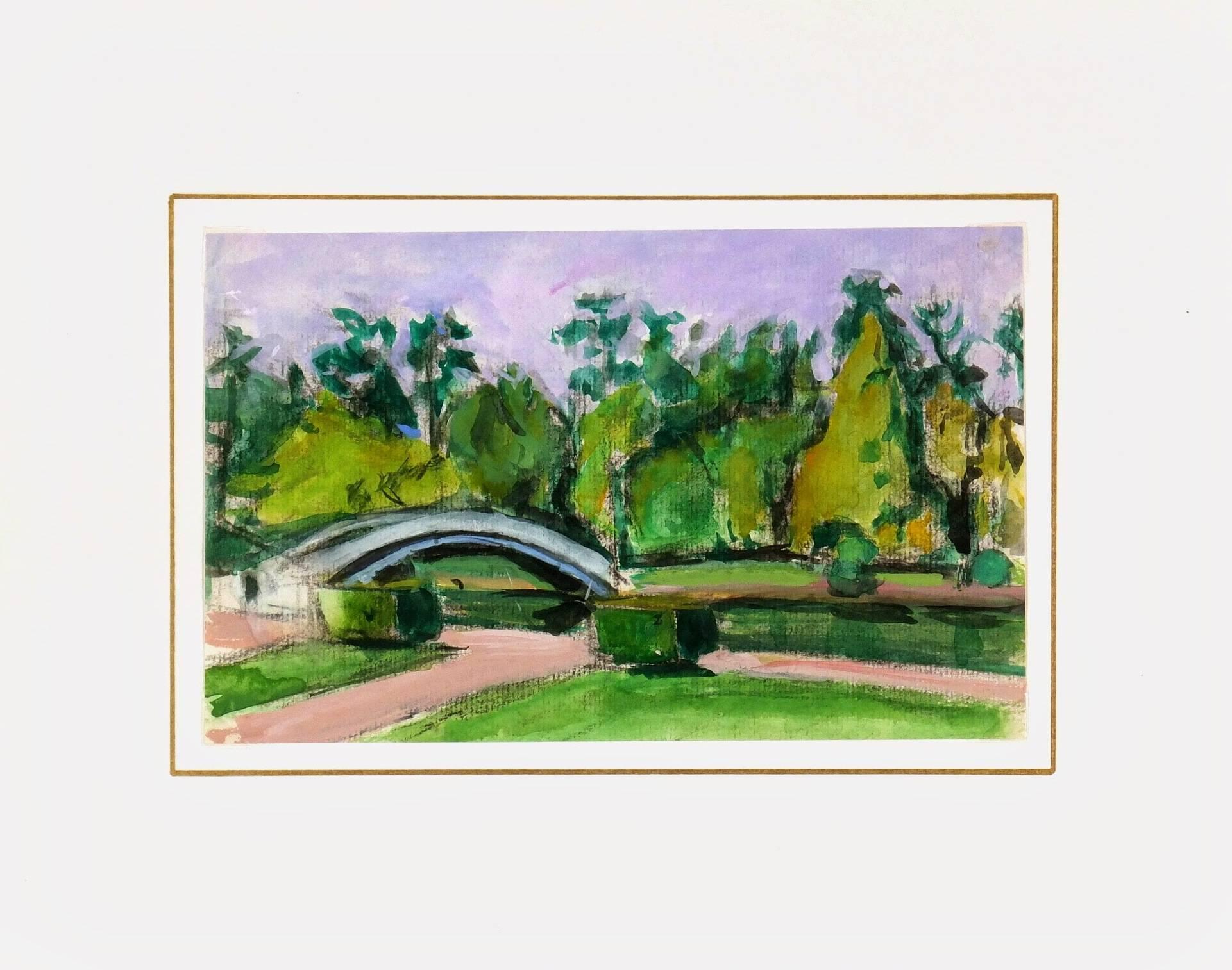 Paysage à l'aquarelle - Bagnols de L'Orne - Gris Landscape Art par Madeleine Scali