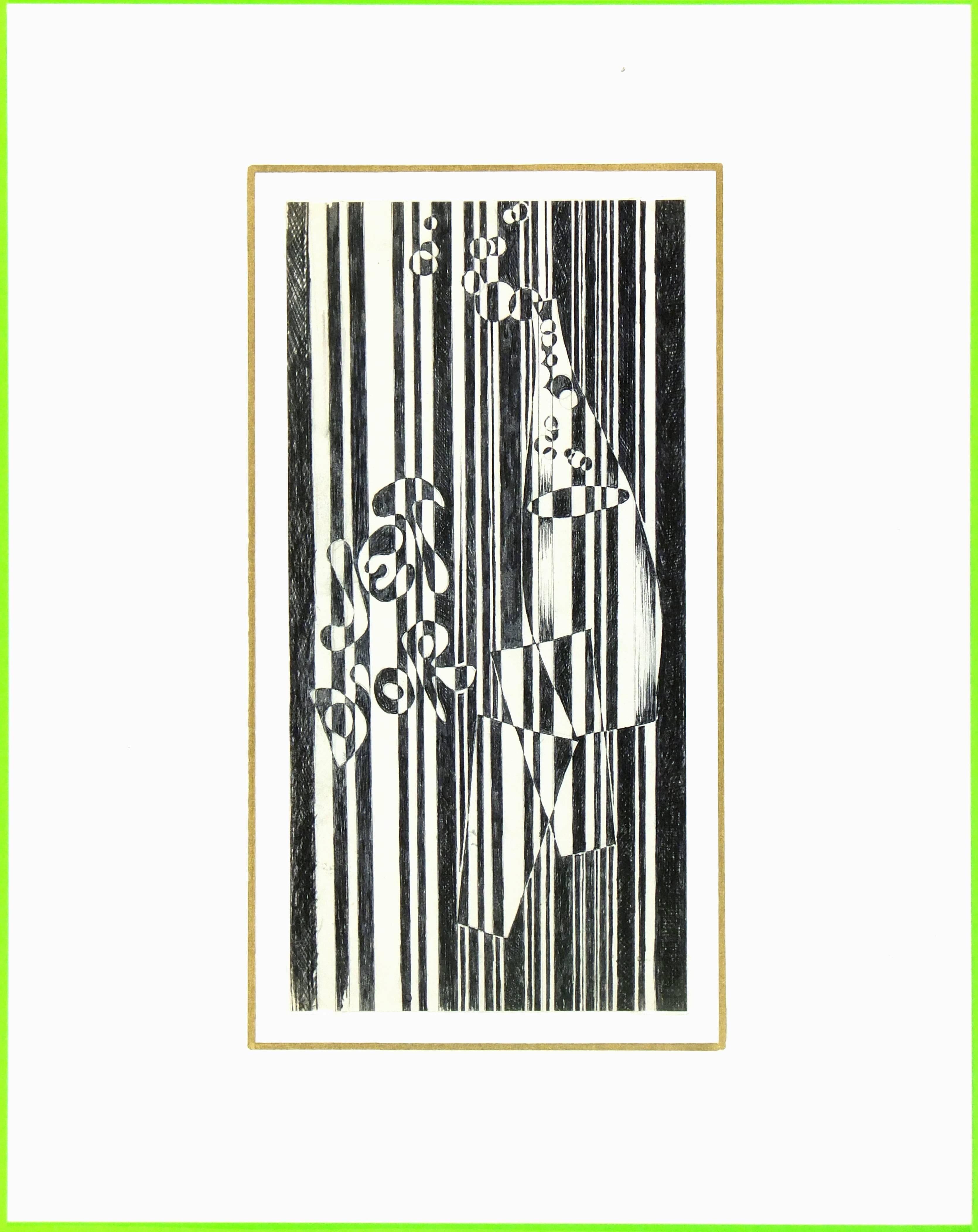 Kontrastreiche schwarz-weiße Feder und Tinte Französisch abstrakt, 1980er Jahre.  

Originalkunstwerk auf Papier auf einem weißen Passepartout mit Goldrand. Die Matte passt in einen Rahmen in Standardgröße.  Inklusive Plastikhülle und