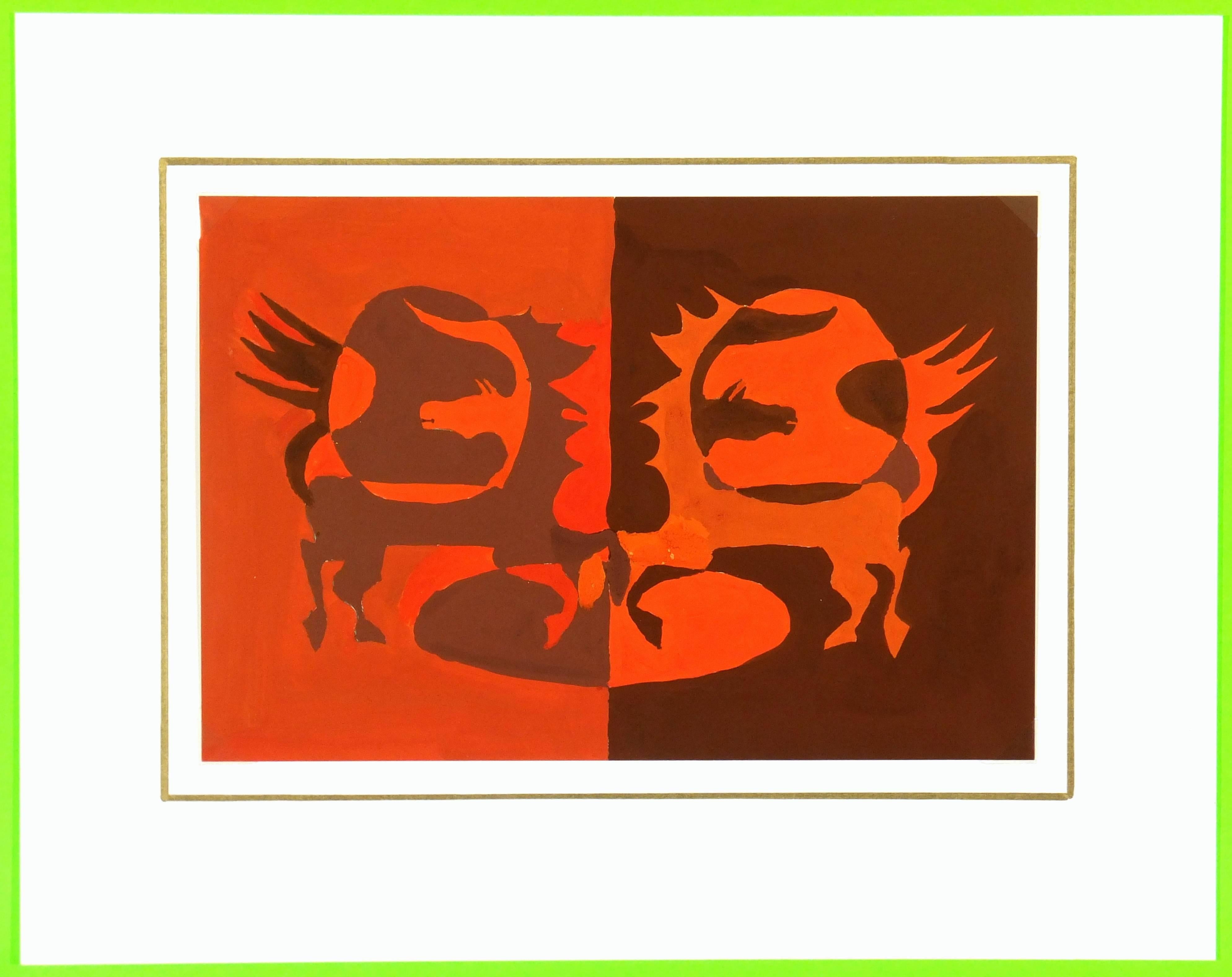 Abstract painting of pair of stallions with crested manes in tones of orange, circa 1960.   

Original artwork on paper displayed on a white mat with a gold border. Mat fits a standard-size frame.  Archival plastic sleeve and Certificate of