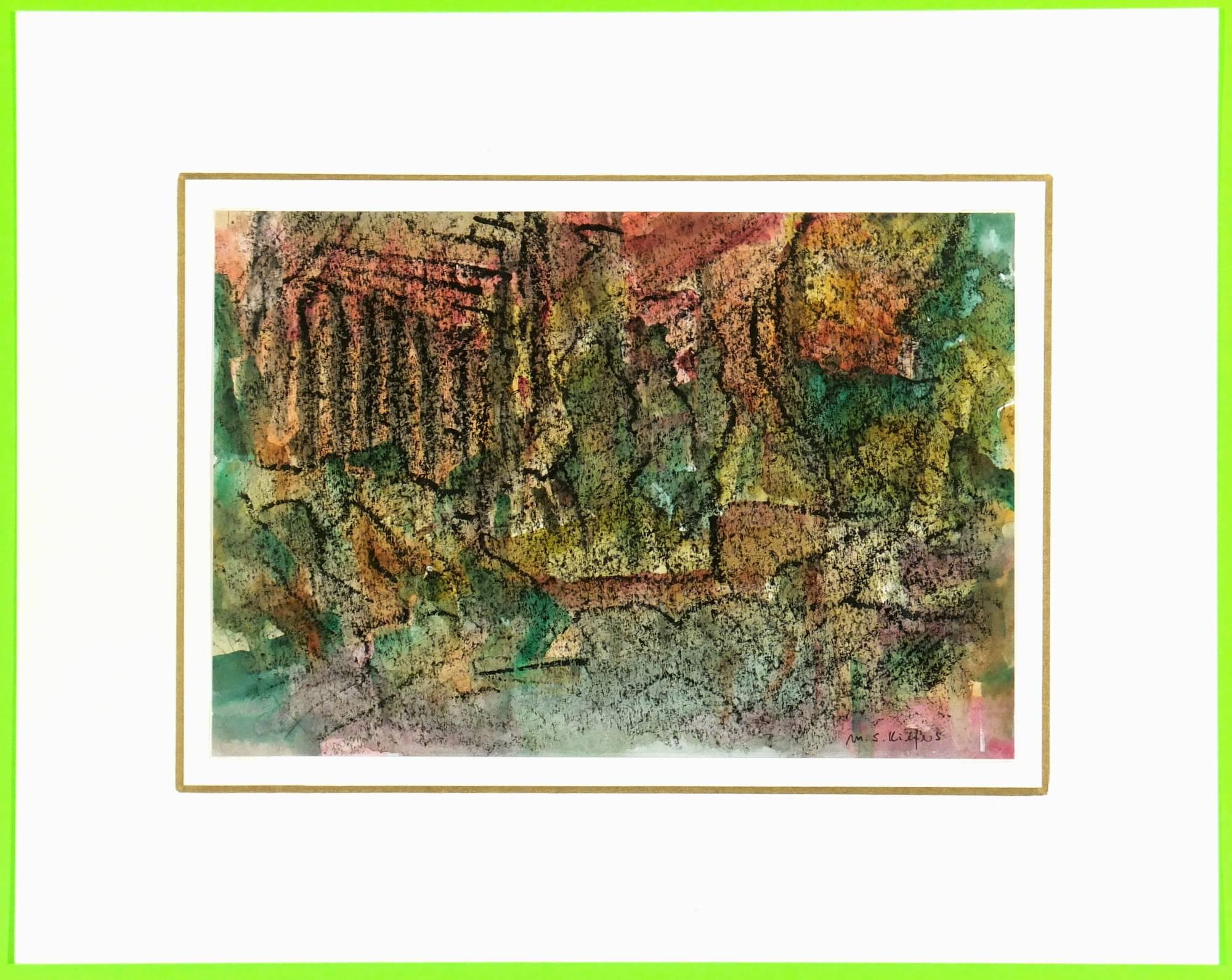 Bright abstract watercolor with green, browns, and reds, circa 1980.  Signed lower right.   

Original artwork on paper displayed on a white mat with a gold border. Mat fits a standard-size frame.  Archival plastic sleeve and Certificate of