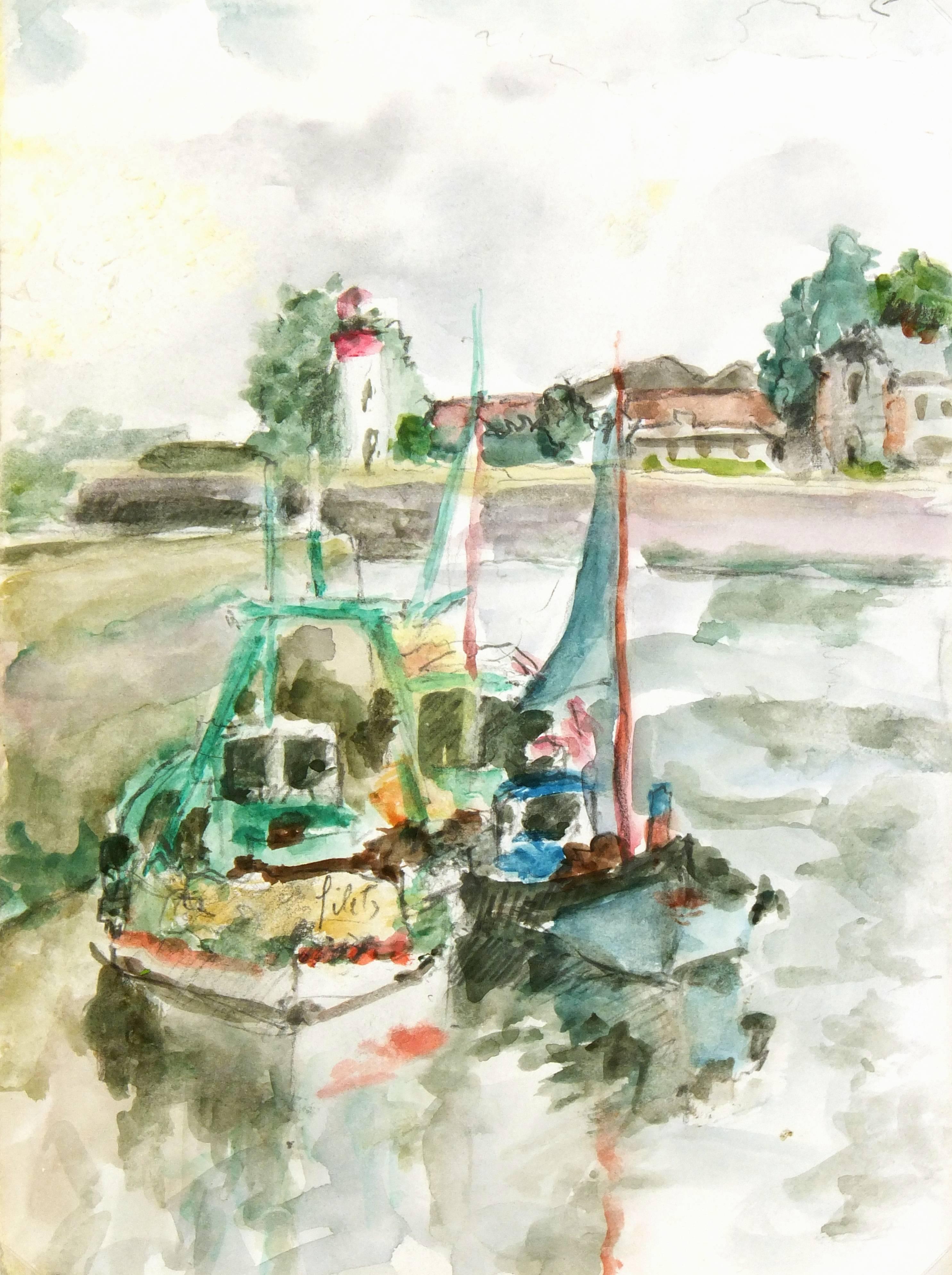 Unknown Landscape Art - French Watercolor - Fishing Boats