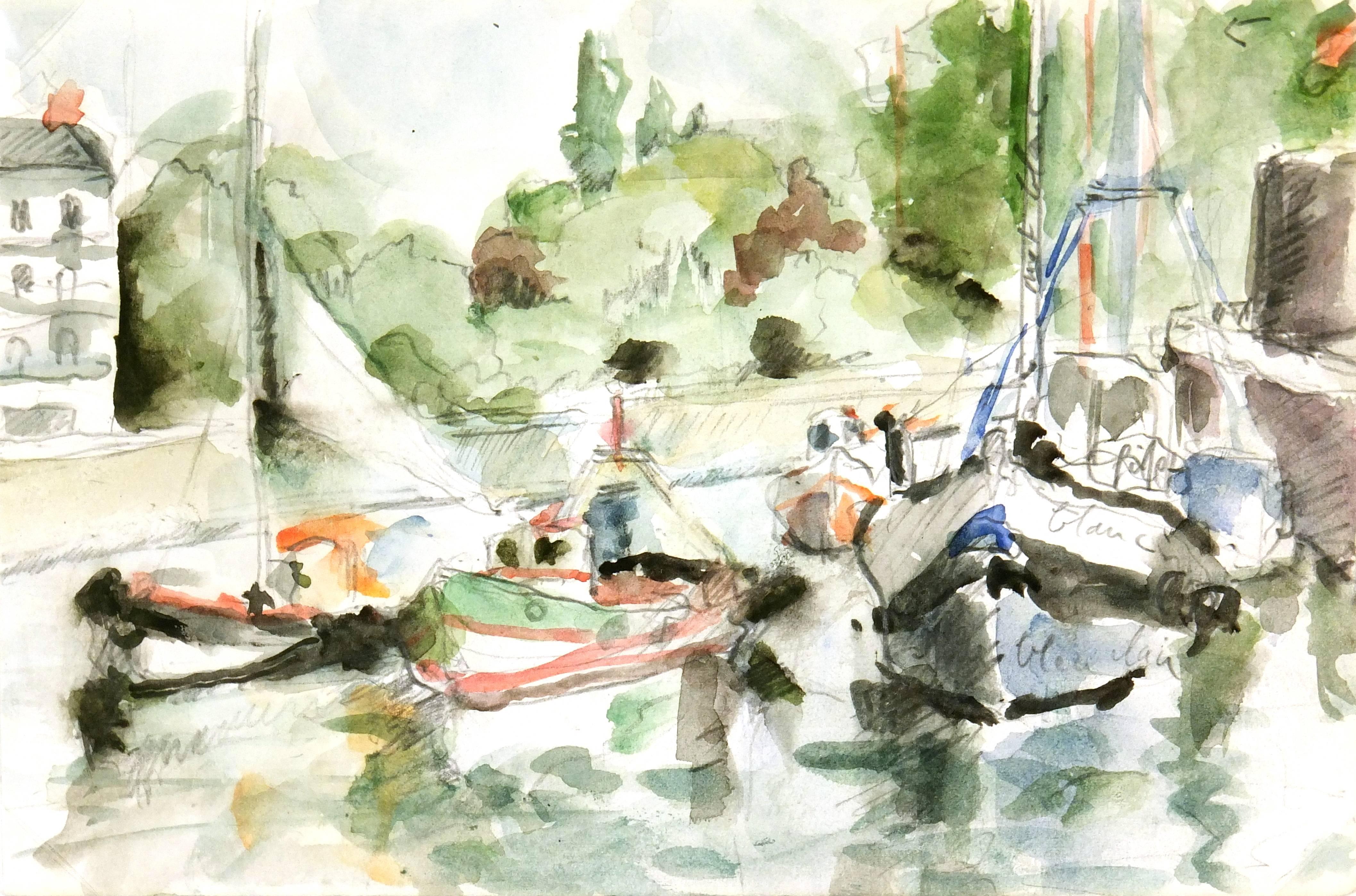 Unknown Landscape Art - French Watercolor - Fishing Boats