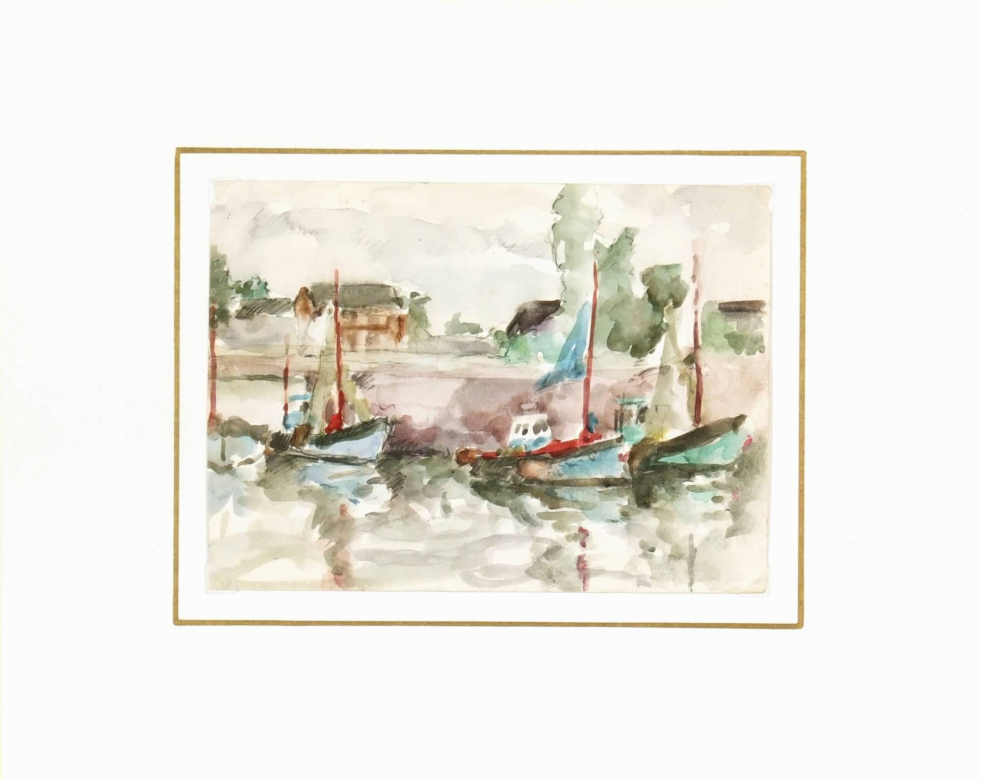 French Watercolor - Fishing Boats - Beige Landscape Art by Unknown