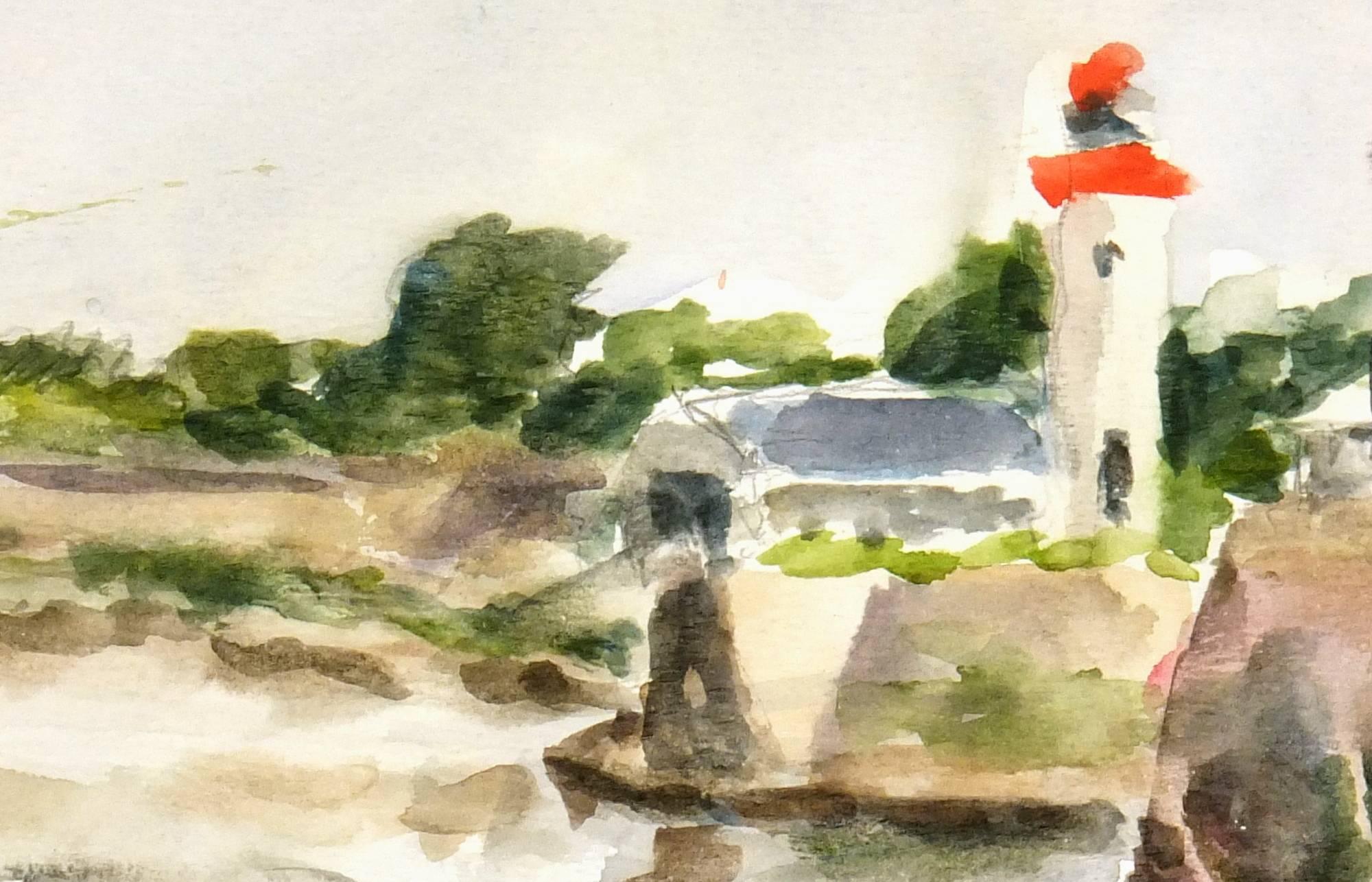 French Watercolor - Lighthouse and Fishing Boats - Art by Unknown