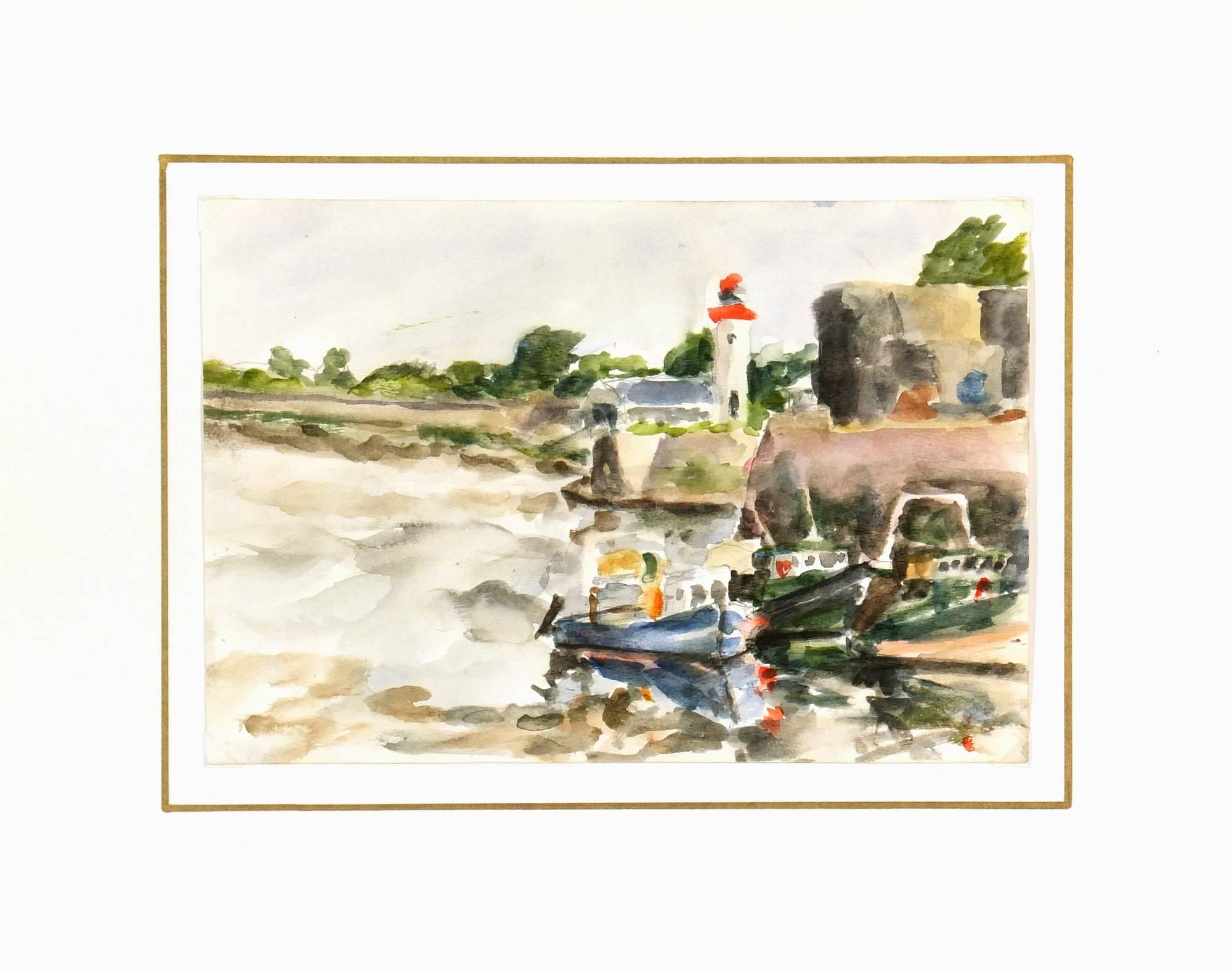 French Watercolor - Lighthouse and Fishing Boats - Beige Landscape Art by Unknown