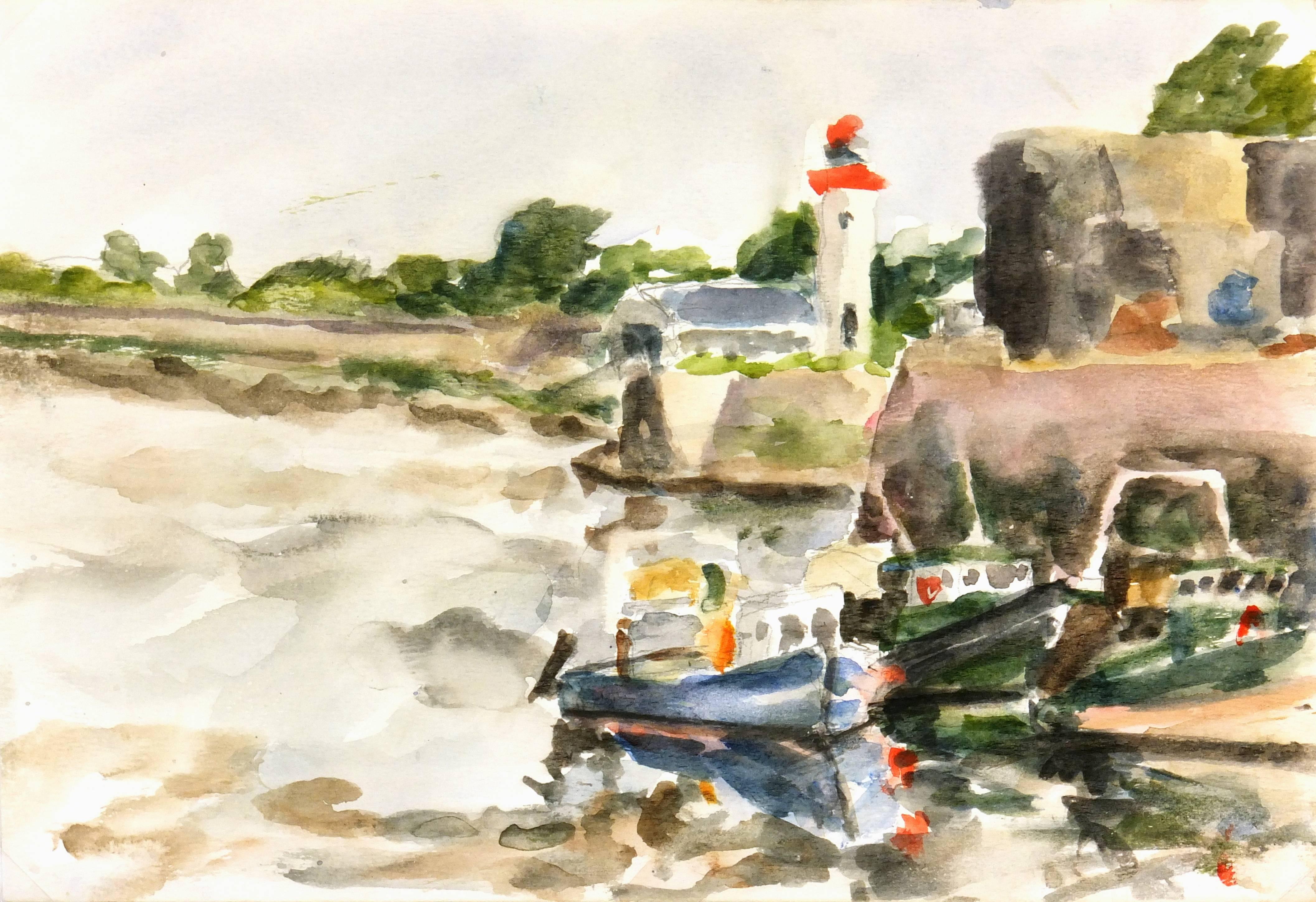 Unknown Landscape Art - French Watercolor - Lighthouse and Fishing Boats