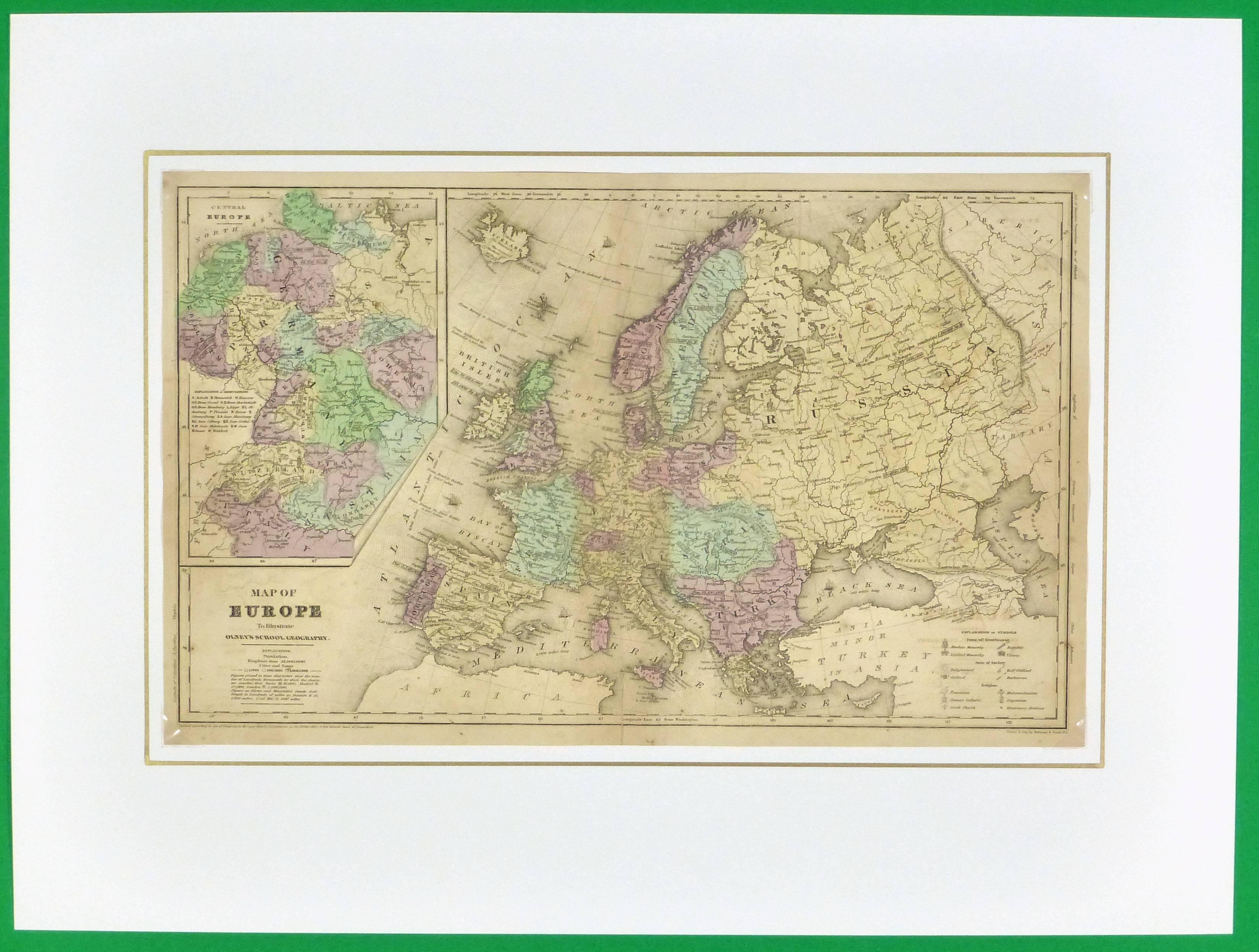 Over 150 year old engraved map of Europe by Olney from 1844.  Original hand color.  Shows Northern Europe, Prussia and Germany.  

Original antique map on paper displayed on a white mat with a gold border. Mat fits a standard-size frame.  Archival