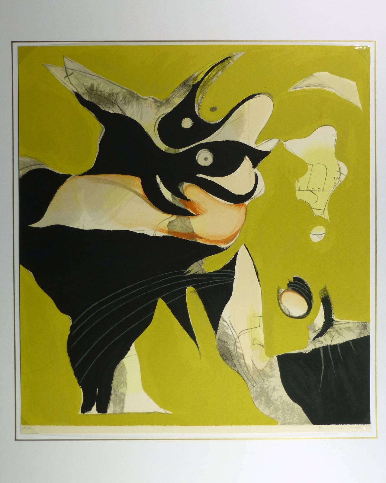 Abstract French lithograph, circa 1980.   Signed lower right.

Original artwork on paper displayed on a white mat with a gold border. Mat fits a standard-size frame.  Archival plastic sleeve and Certificate of Authenticity included. Artwork, 21.25”L