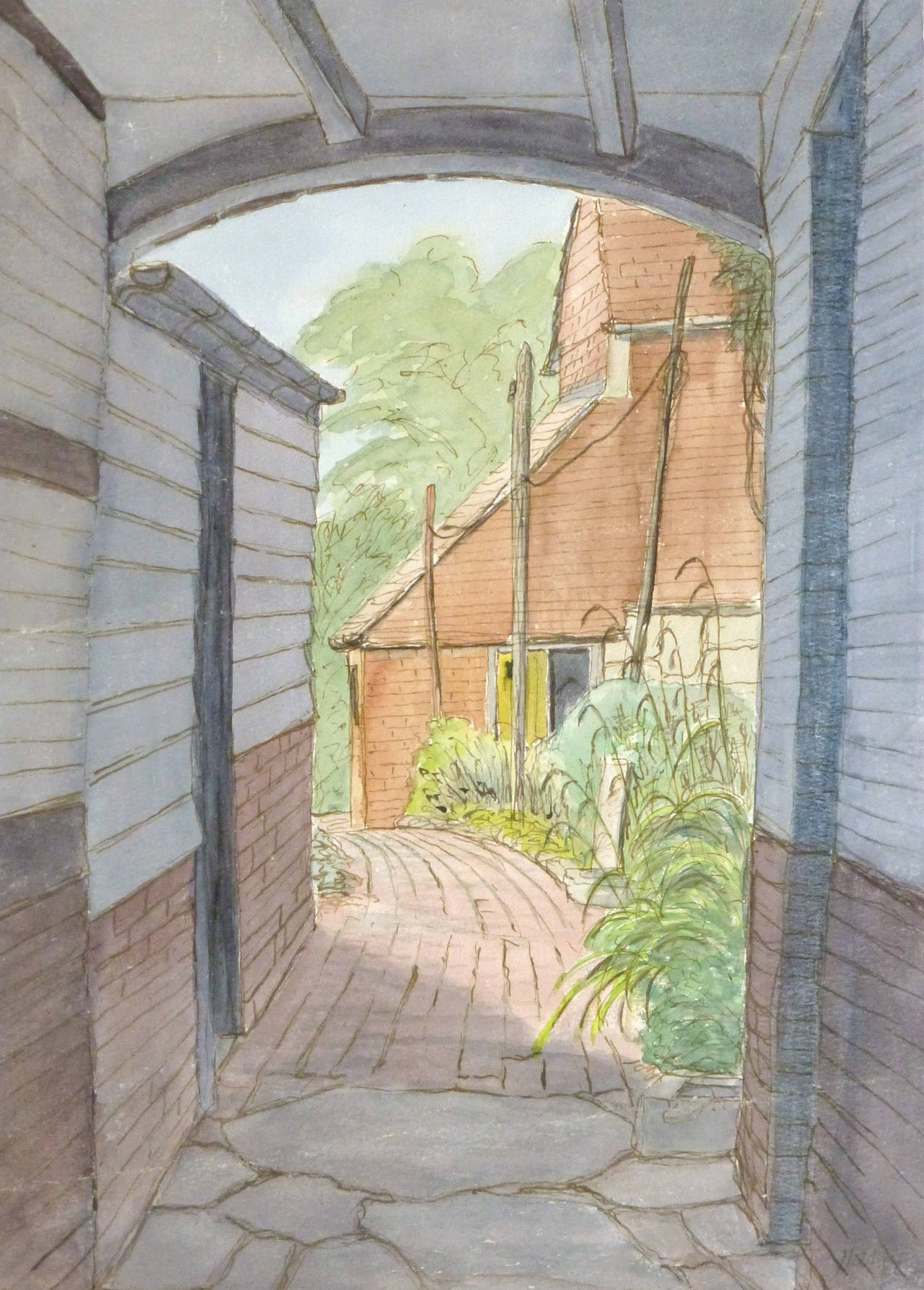 Unknown Landscape Art - Vintage English Watercolor Landscape - Hallways Farmhouse