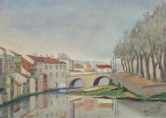 Französische Aquarell-Landschaft – Pont du Buis Bridge (Aurillac, Frankreich)