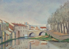 Vintage French Watercolor Landscape - Pont du Buis Bridge (Aurillac, France)