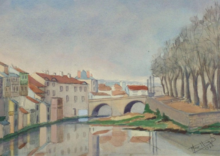 Unknown Landscape Art - Vintage French Watercolor Landscape - Pont du Buis Bridge (Aurillac, France)