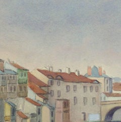 Vintage French Watercolor Landscape - Pont du Buis Bridge (Aurillac, France)