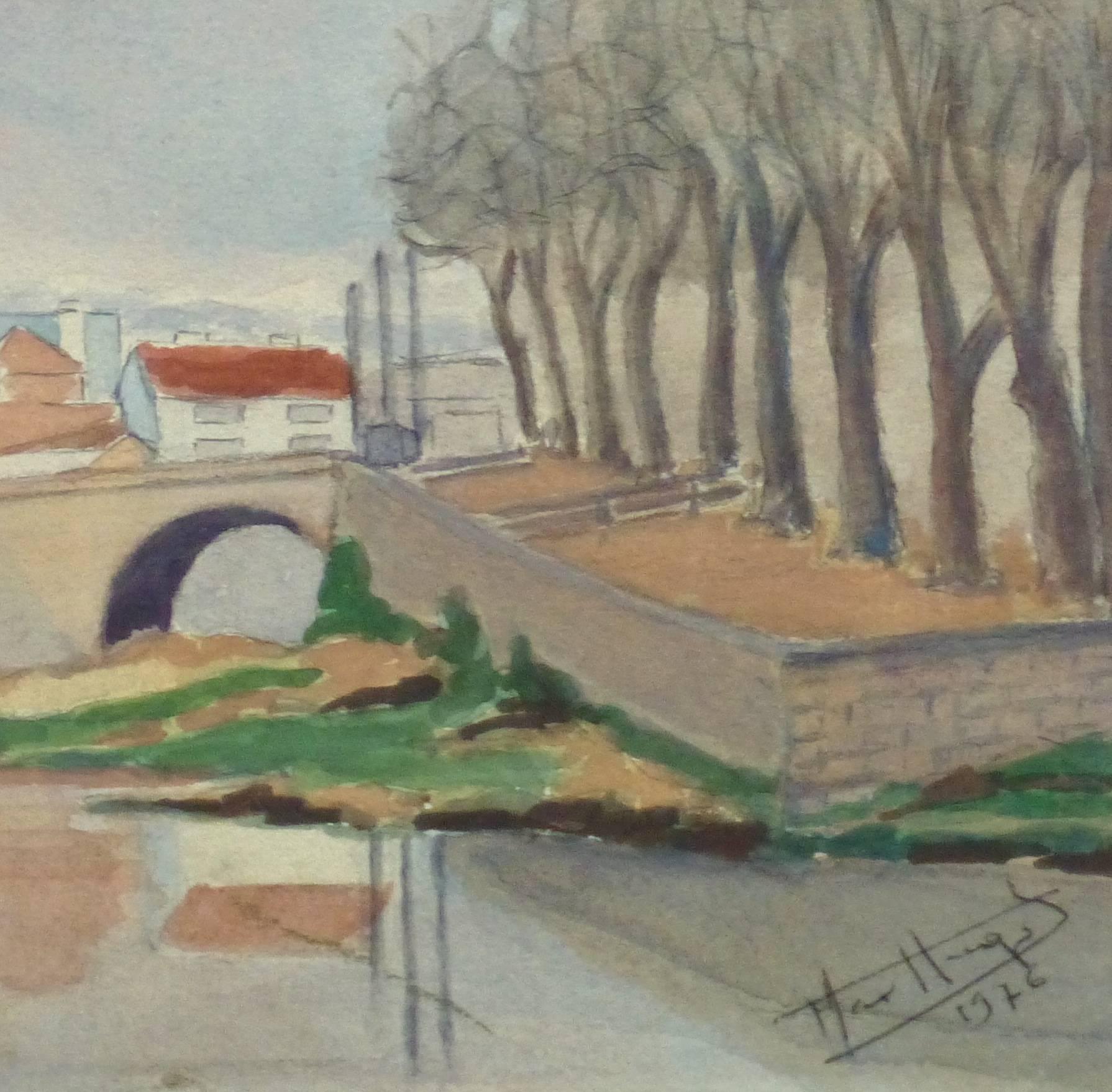Französische Aquarell-Landschaft – Pont du Buis Bridge (Aurillac, Frankreich) (Grau), Landscape Art, von Unknown