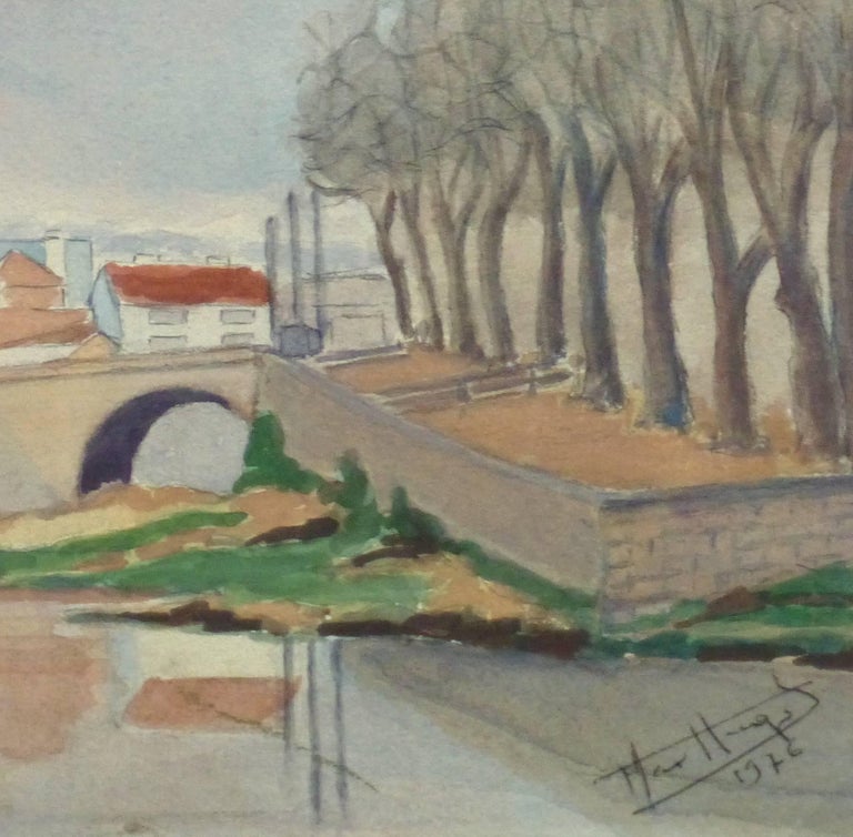 Vintage French Watercolor Landscape - Pont du Buis Bridge (Aurillac, France) - Gray Landscape Art by Unknown