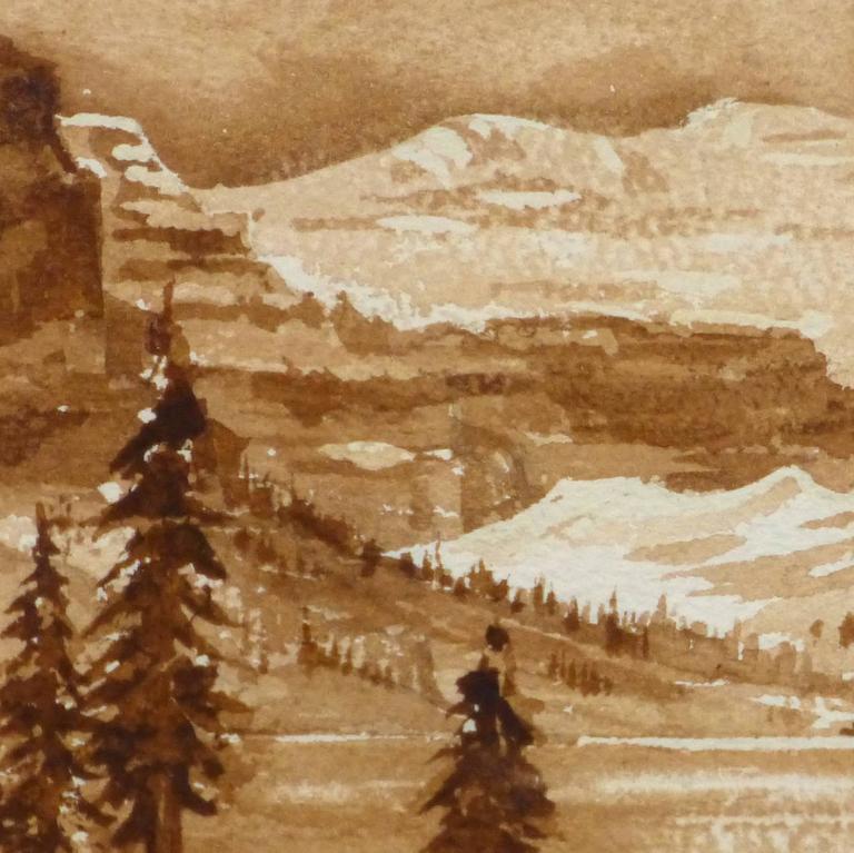 Vintage French Watercolor Landscape - Sienna Mountains - Brown Landscape Art by Frank Valise