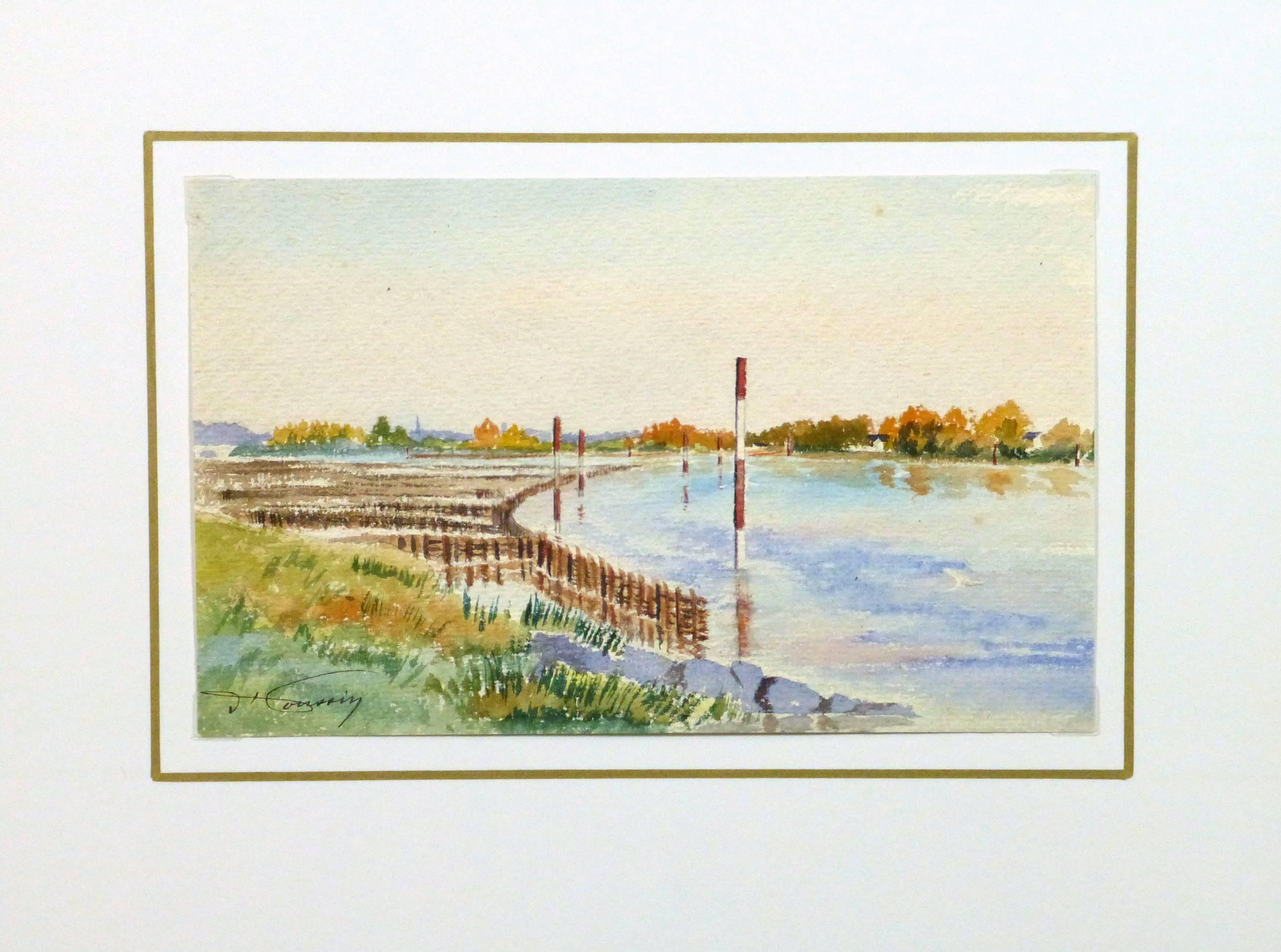 Refreshing watercolor landscape of a scene from the La Bière River in France by Houssin, 1908. Signed lower left.

Original one-of-a-kind artwork on paper displayed on a white mat with a gold border. Mat fits a standard-size frame. Archival plastic