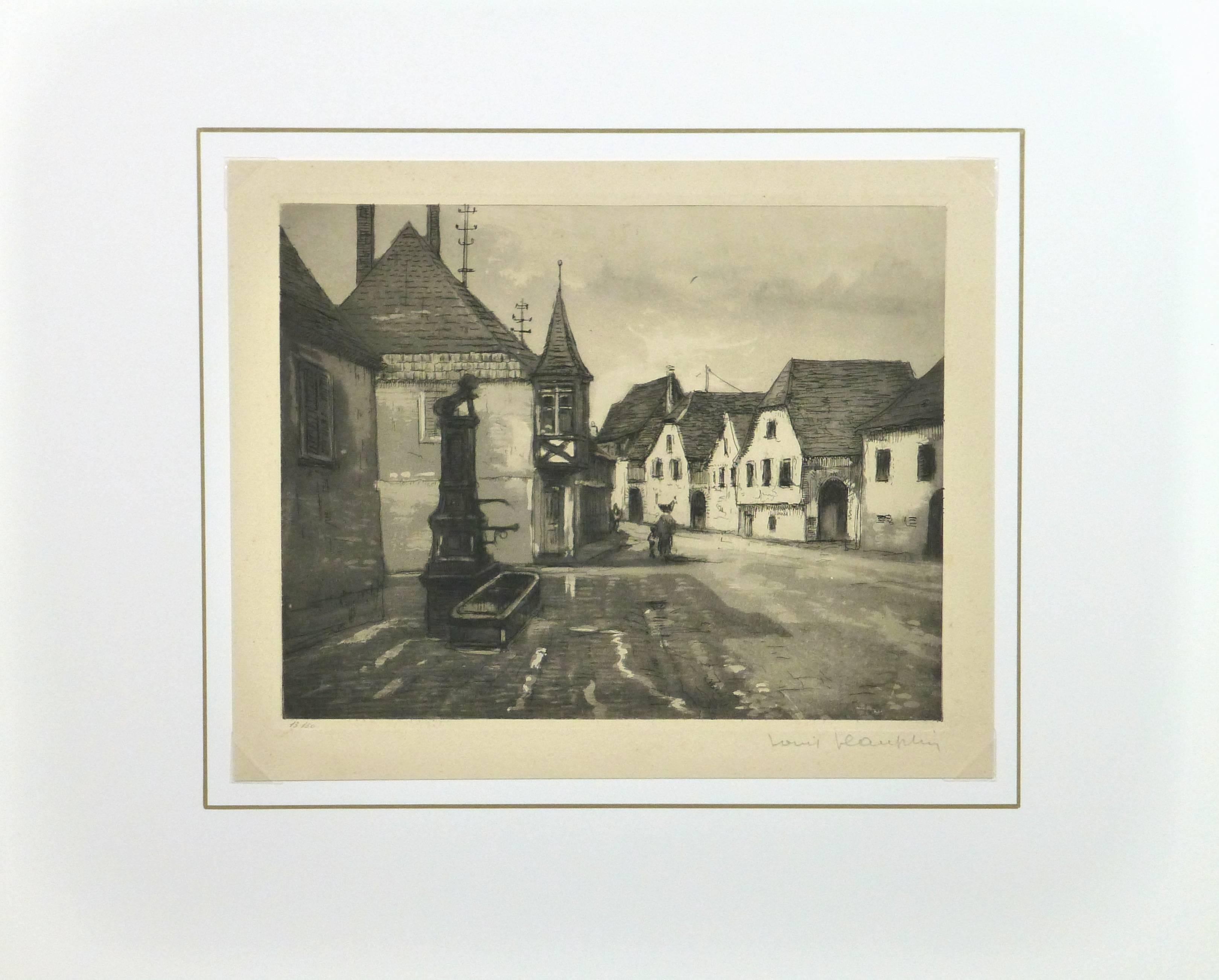 Enchanting black and white etching of a scene from the charming streets of Alsace, France, circa 1920. Signed lower right and numbered 13 of 150 lower left. 

Original one-of-a-kind artwork on paper displayed on a white mat with a gold border. Mat