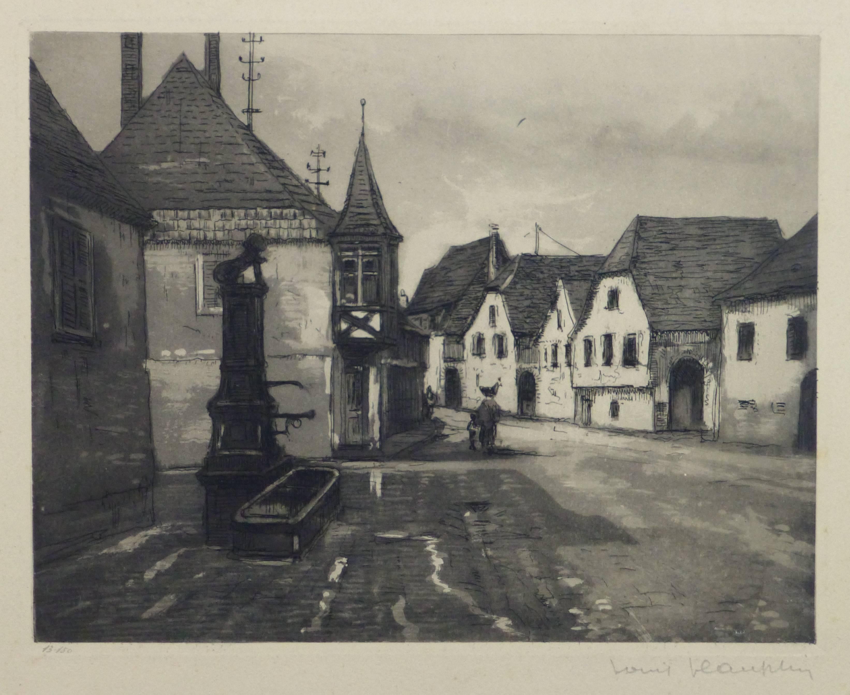 Unknown Landscape Print - Vintage French Etching - Streets of Alsace