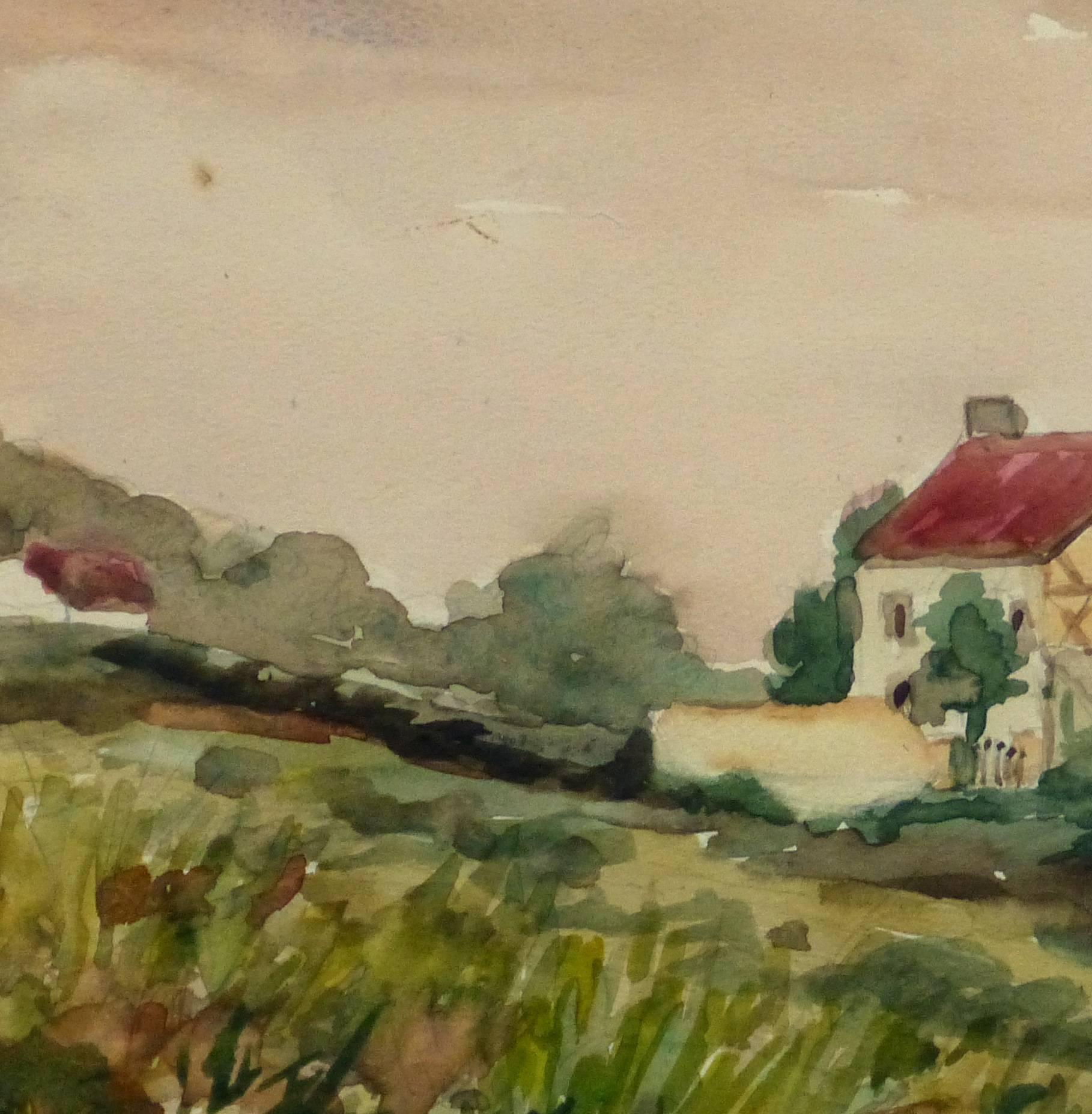 Warm and inviting watercolor landscape painting of a lovely tudor style home in the countryside of Bruyéres, France by artist M. Kesseler, 1939. Signed lower left and titled and dated lower right. 

Original one-of-a-kind artwork on paper